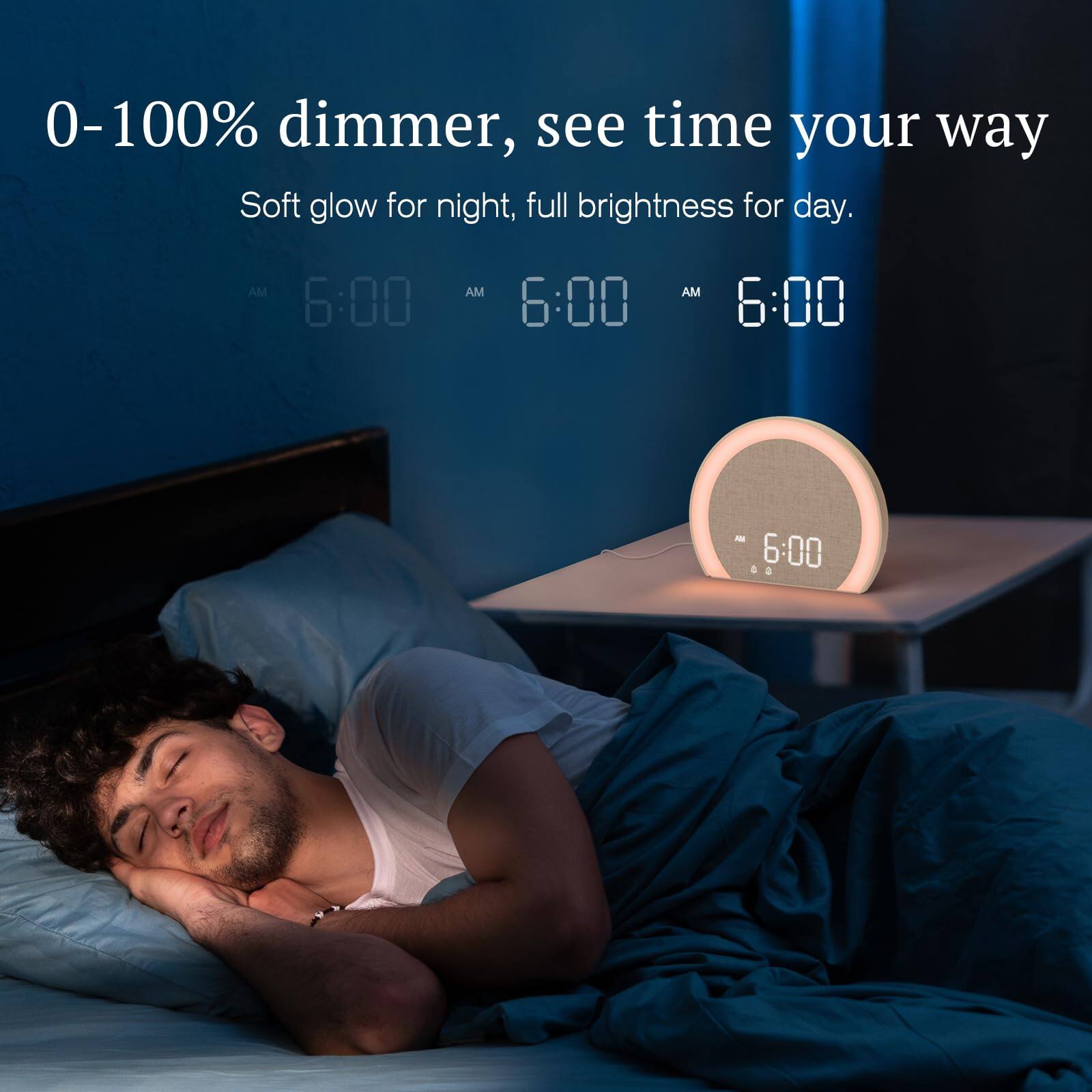 0-100% dimmer, see time your way  
Soft glow for night, full brightness for day.  
AM 6:00 AM 6:00 AM 6:00