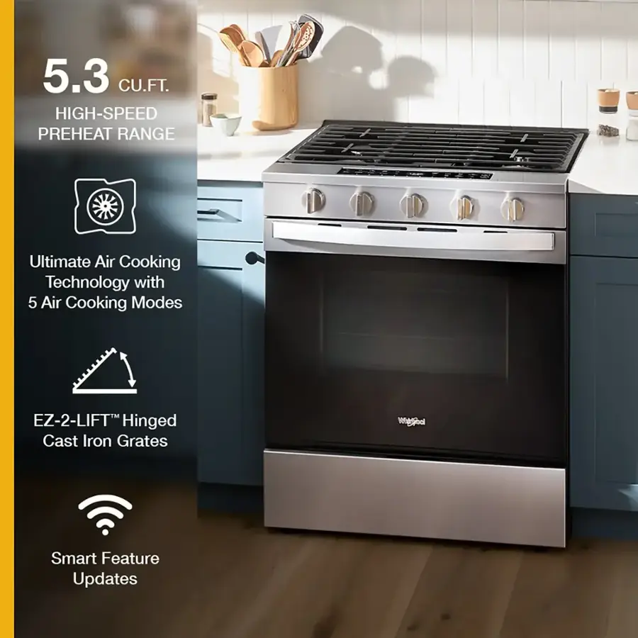 The text on the image is grouped and corrected as follows:

5.3 CU.FT. HIGH-SPEED PREHEAT RANGE Ultimate Air Cooking Technology with 5 Air Cooking Modes EZ-2-LIFTM Hinged Cast Iron Grates Smart Feature Updates