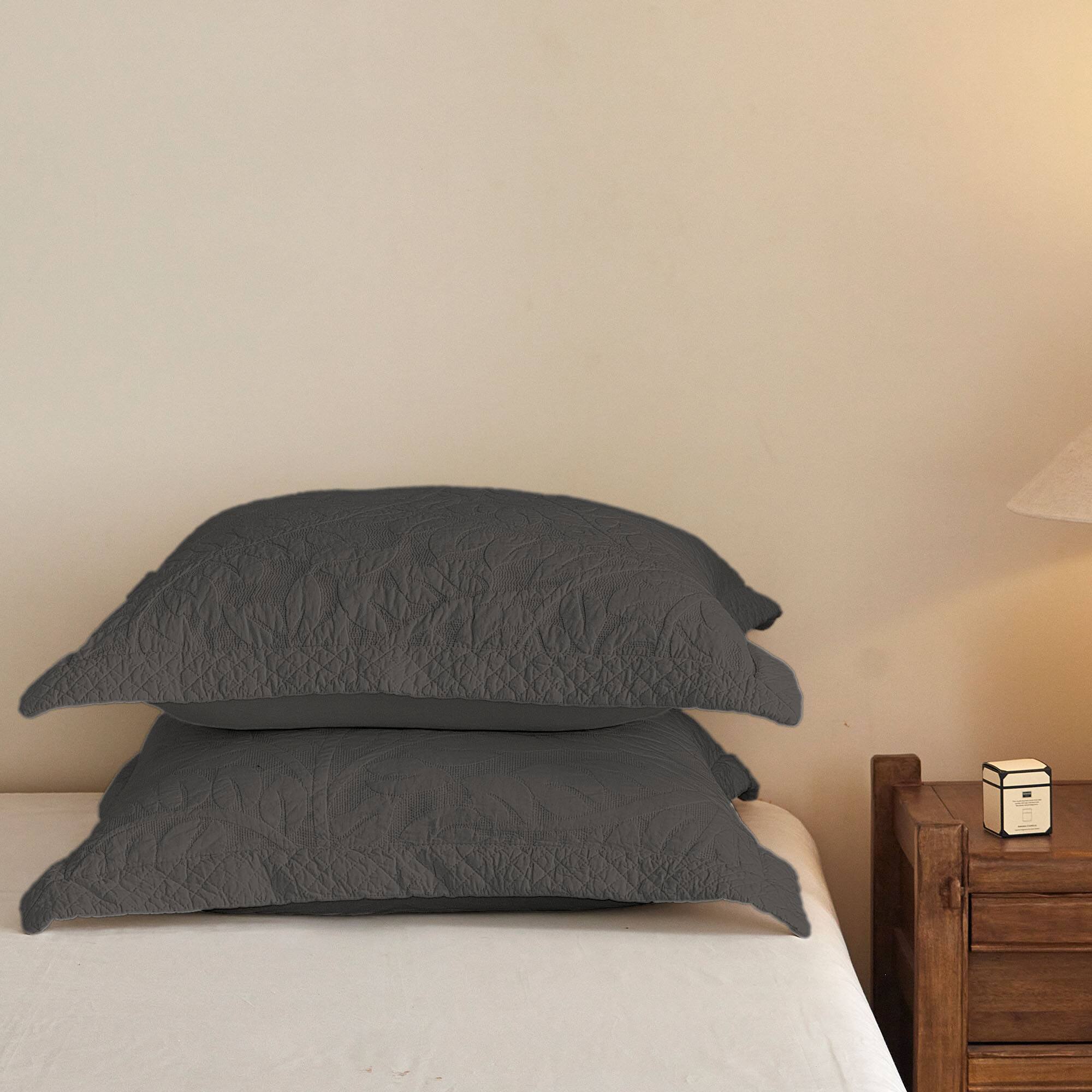 Alt View 1. MarCielo - 100% Cotton Embroidered Quilted Pillow Shams Set of 2, 26"x26" Euro Size - Dark Grey.