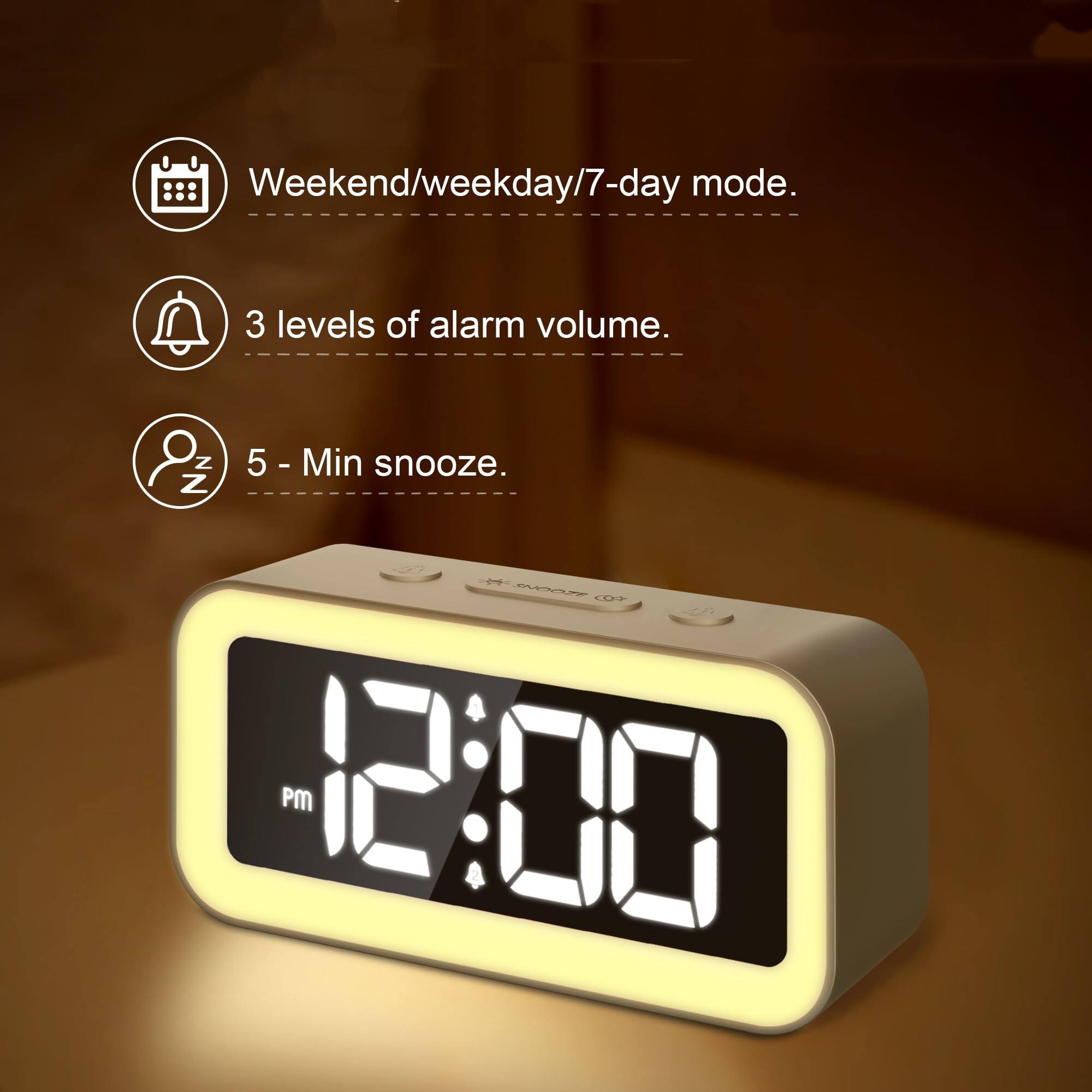 Weekend/weekday/7-day mode.  
3 levels of alarm volume.  
5 - Min snooze.