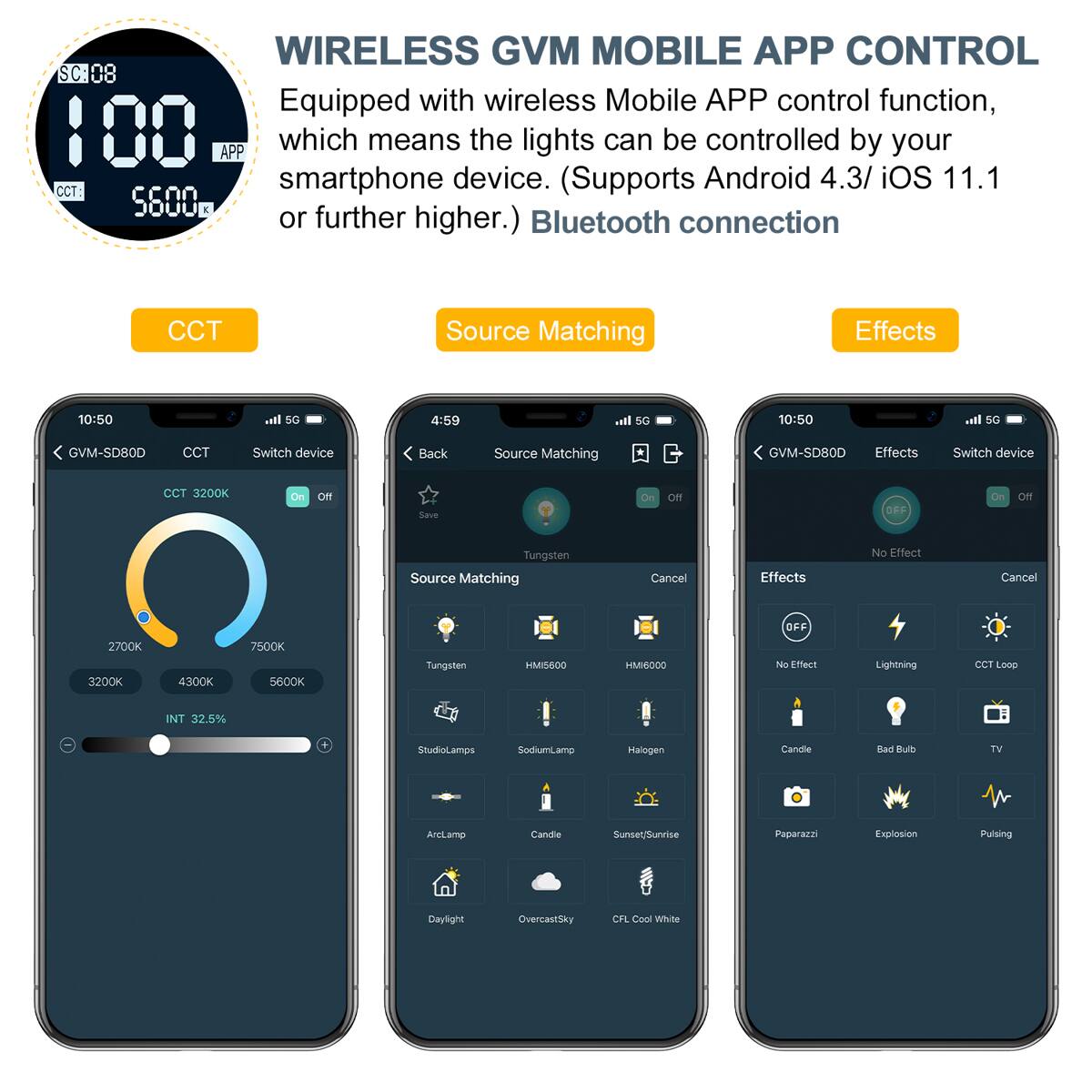 WIRELESS GVM MOBILE APP CONTROL

Equipped with wireless Mobile APP control function, which means the lights can be controlled by your smartphone device. (Supports Android 4.3/ iOS 11.1 or further higher.) Bluetooth connection

CCT
- 2700K
- 3200K
- 4300K
- 5600K
- 7500K

Source Matching
- Tungsten
- HM6000
- StudioLamps
- Sodium
- Halogen
- ArcLamp
- Candle
- Daylight
- Overcast Sky
- CFL Cool White
- Sunset/Sunrise

Effects
- No Effect
- Lightning
- CCT Loop
- Candle
- Bad Bulb
- TV
- Paparazzi
- Explosion
- Pulsing