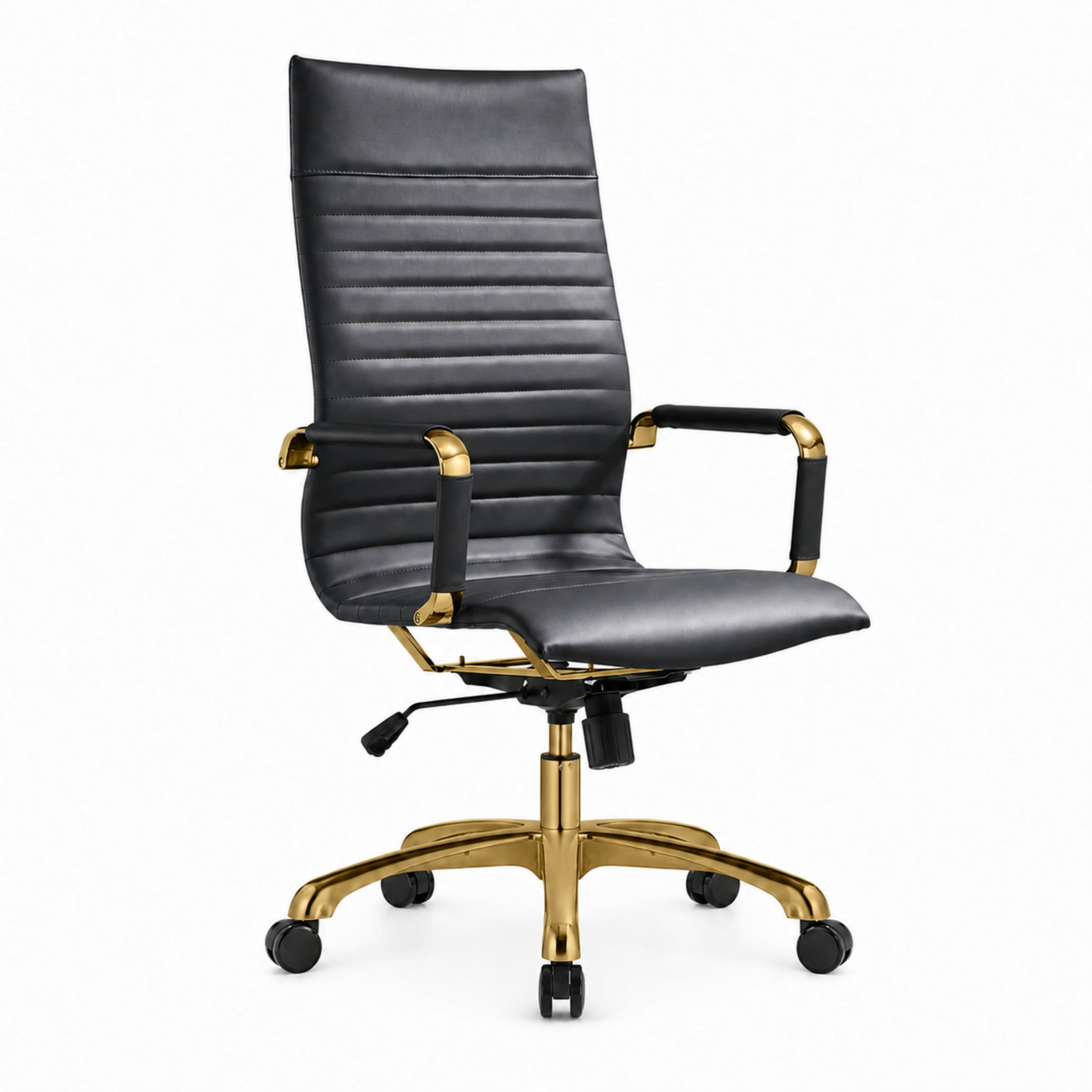 LeisureMod - Set of 8 Harris Modern Ergonomic High Back Leather Office Chairs, Gold Steel Frame, Tilt & Swivel Design Desk Chairs - Black
