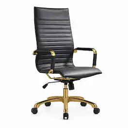 LeisureMod - Set of 8 Harris Modern Ergonomic High Back Leather Office Chairs, Gold Steel Frame, Tilt & Swivel Design Desk Chairs - Black
