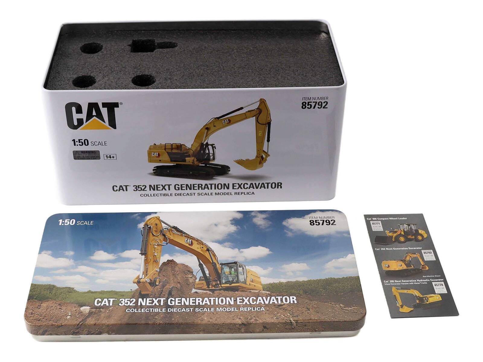 CAT 1:50 SCALE WARNING 14+ CAT ITEM NUMBER 85792 CAT 352 NEXT GENERATION EXCAVATOR COLLECTIBLE DIECAST SCALE MODEL REPLICA 1:50 SCALE ITEM NUMBER 85792