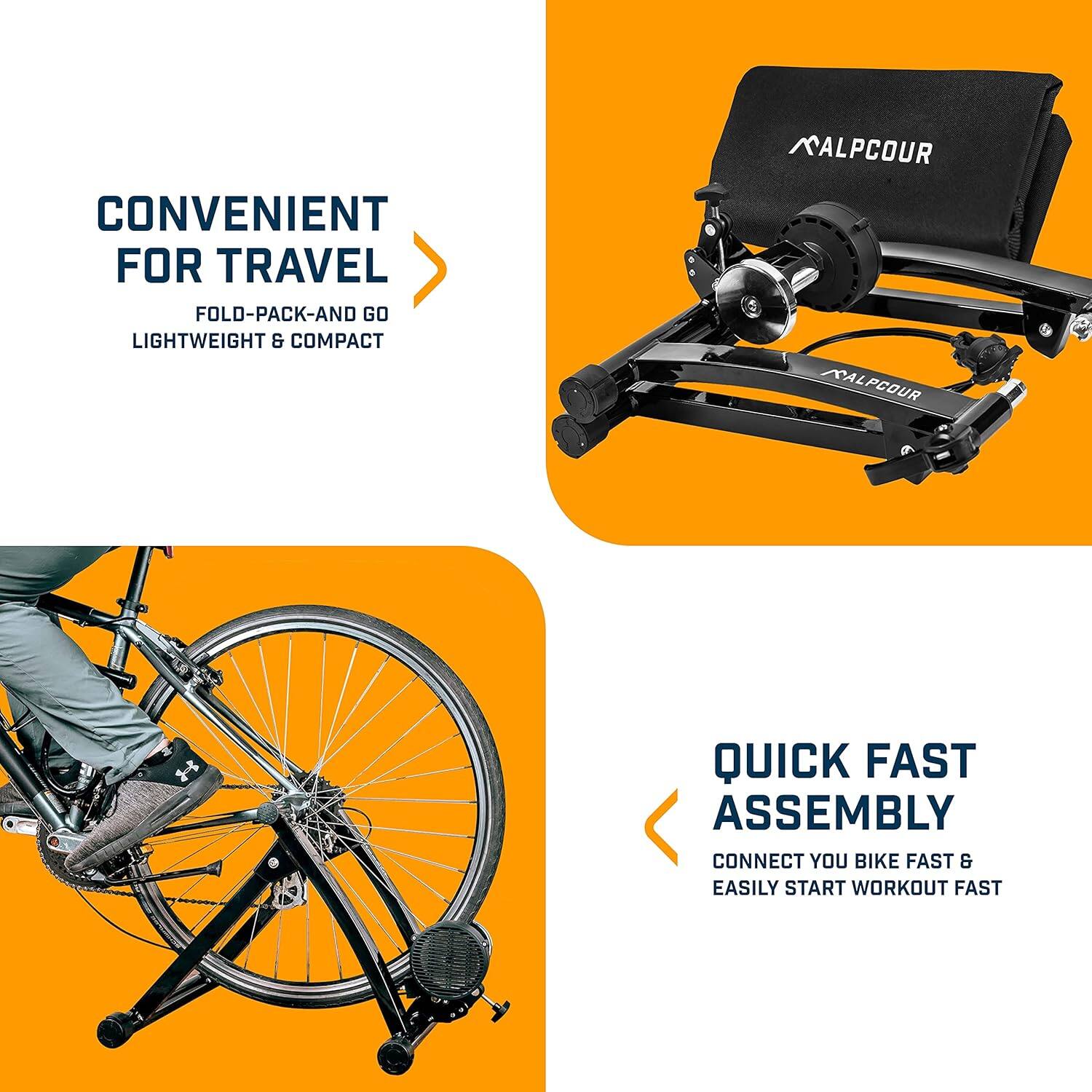 The corrected text is:

"Convenient for travel, fold-pack-and-go, lightweight & compact. Quick fast assembly, connect your bike fast & easily start workout fast."