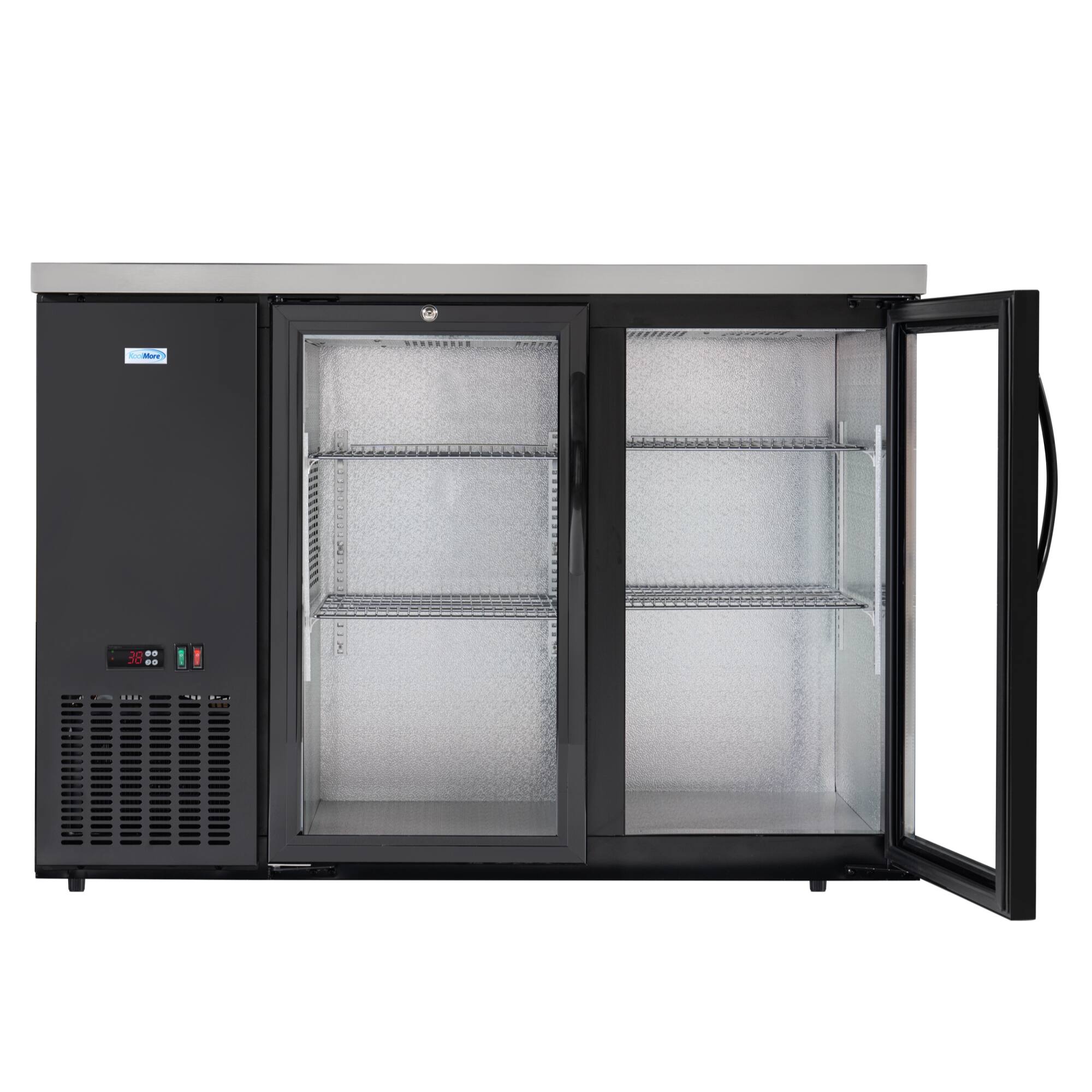 The text on the image reads "MuV 38 + 12". This is likely a reference to the temperature inside the refrigerator, with the "MuV" being an abbreviation for "microvolt" and the numbers "38" and "12" representing the temperature in degrees Celsius. The refrigerator is empty and has a clear glass door, allowing the viewer to see the temperature inside.