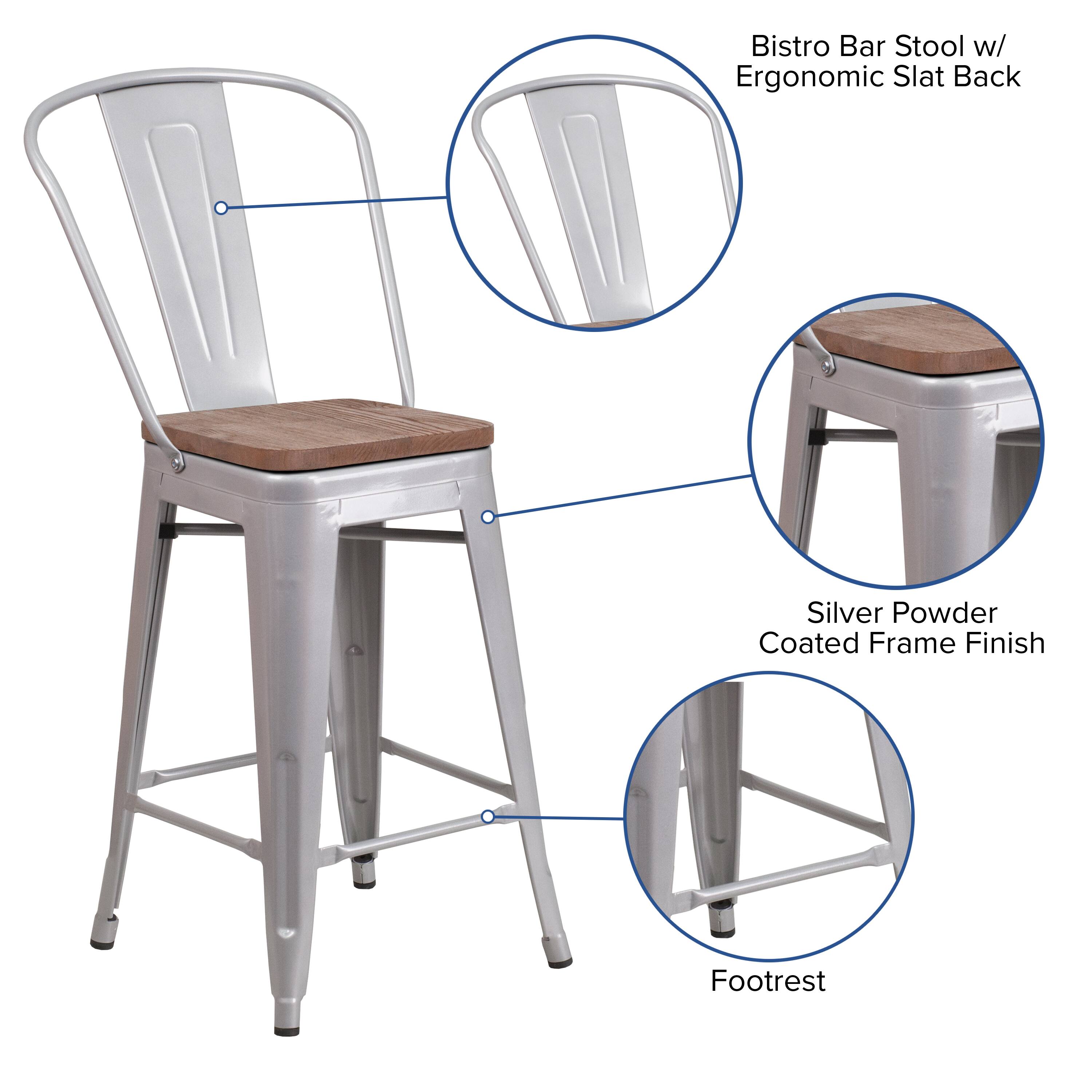Bistro Bar Stool w/ Ergonomic Slat Back  
Silver Powder Coated Frame Finish  
Footrest