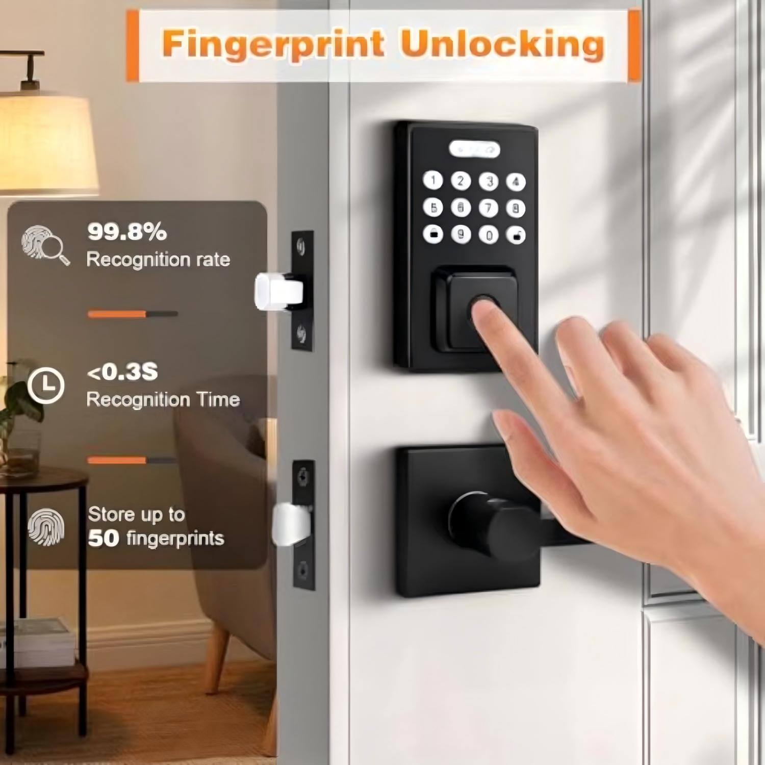 Fingerprint Unlocking

- 99.8% Recognition rate
- <0.3S Recognition Time
- Store up to 50 fingerprints