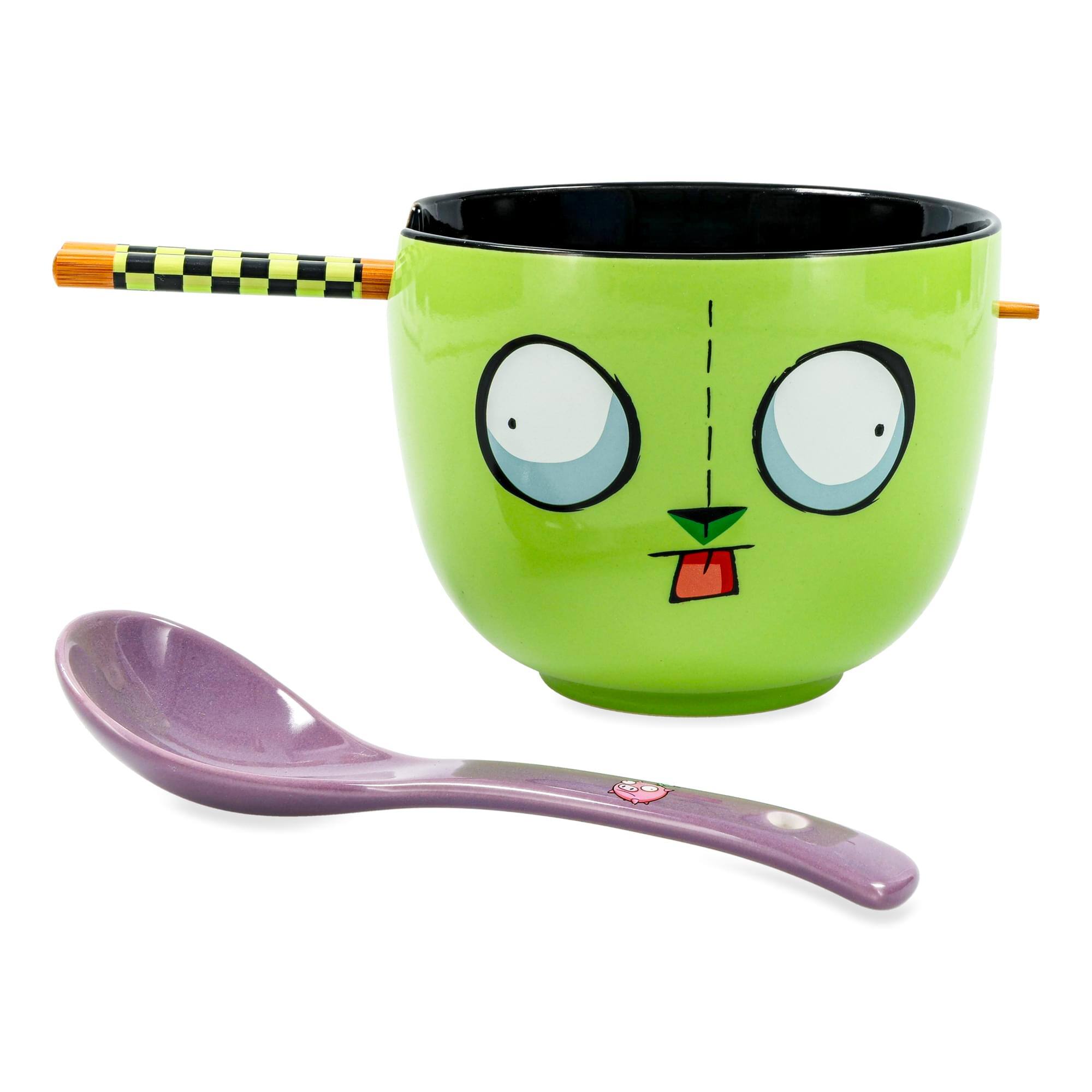 Front. Silver Buffalo - Invader Zim GIR Ceramic Ramen Bowl, Chopstick, and Spoon Set - Green.