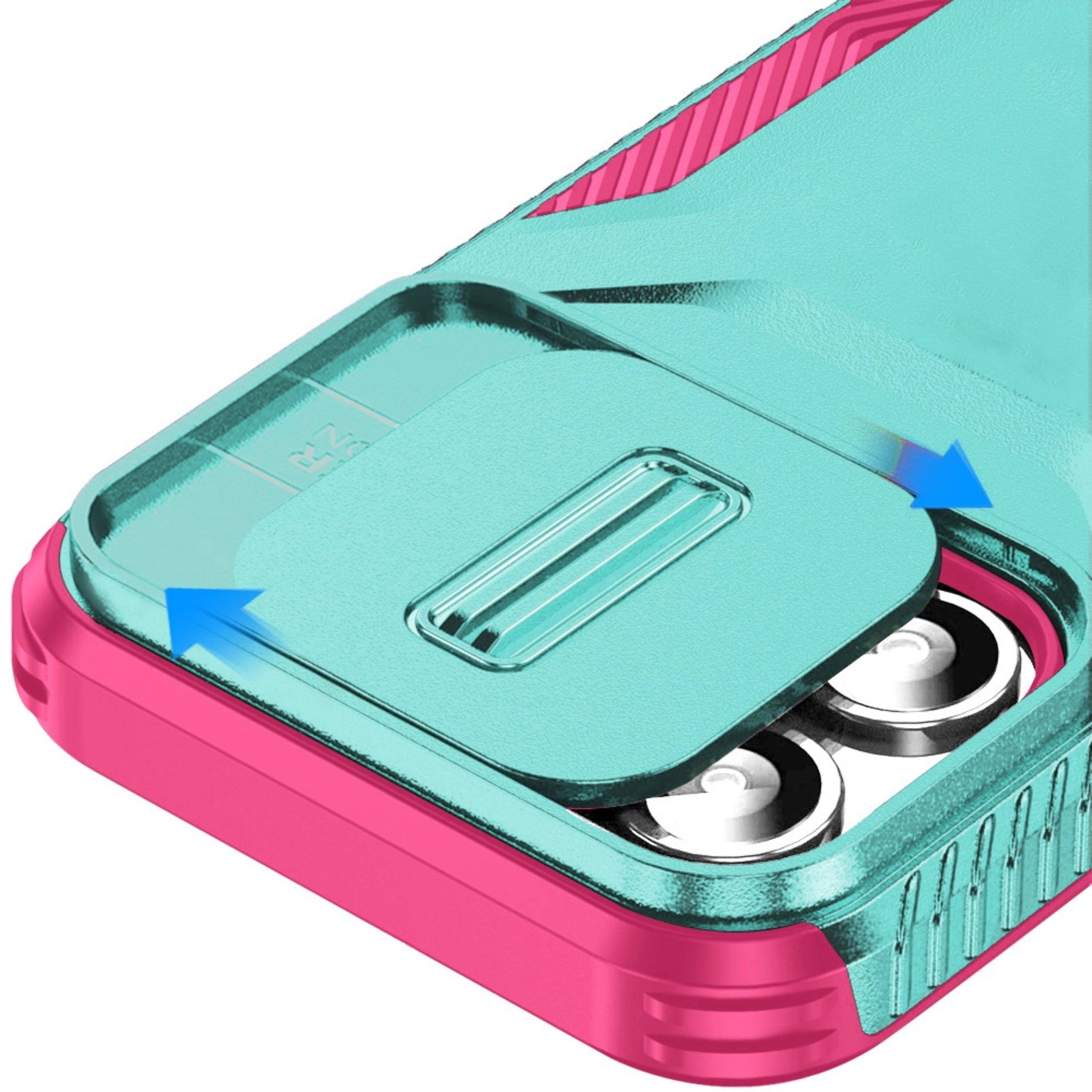 Left. Kitcheniva - Rugged Side Grip Sliding Lens Cover Case With Tempered Glass For iPhone 16 Teal & Pink - Multicolor.