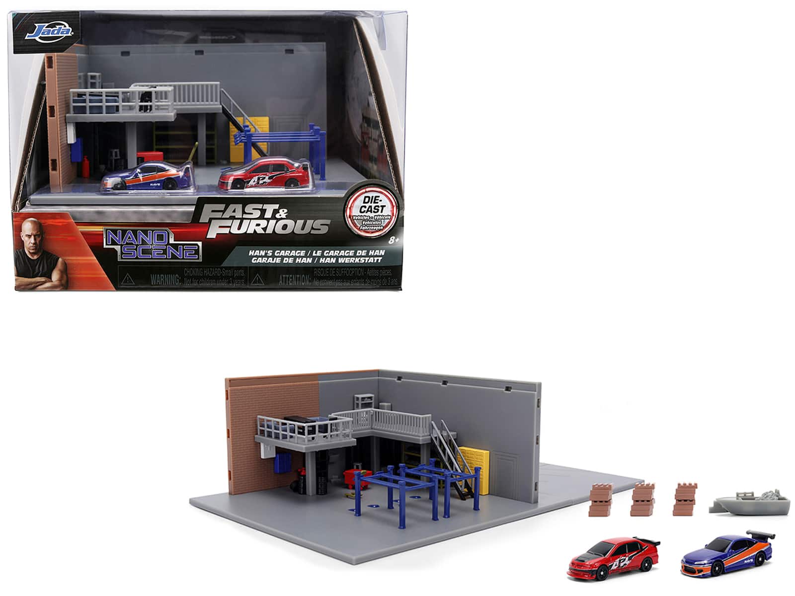 "Fast & Furious" Han's Garage Diorama with 2 Cars and Accessories "Nano Scene" Series 1/32 Model by Jada - Multicolor