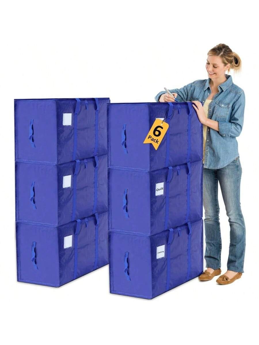 Live At Space - Moving Bags Heavy Duty Large, Boxes, Supplies Essentials, Blue Storage Bins with Lids, Plastic Packing, Clothes Handles - Initial