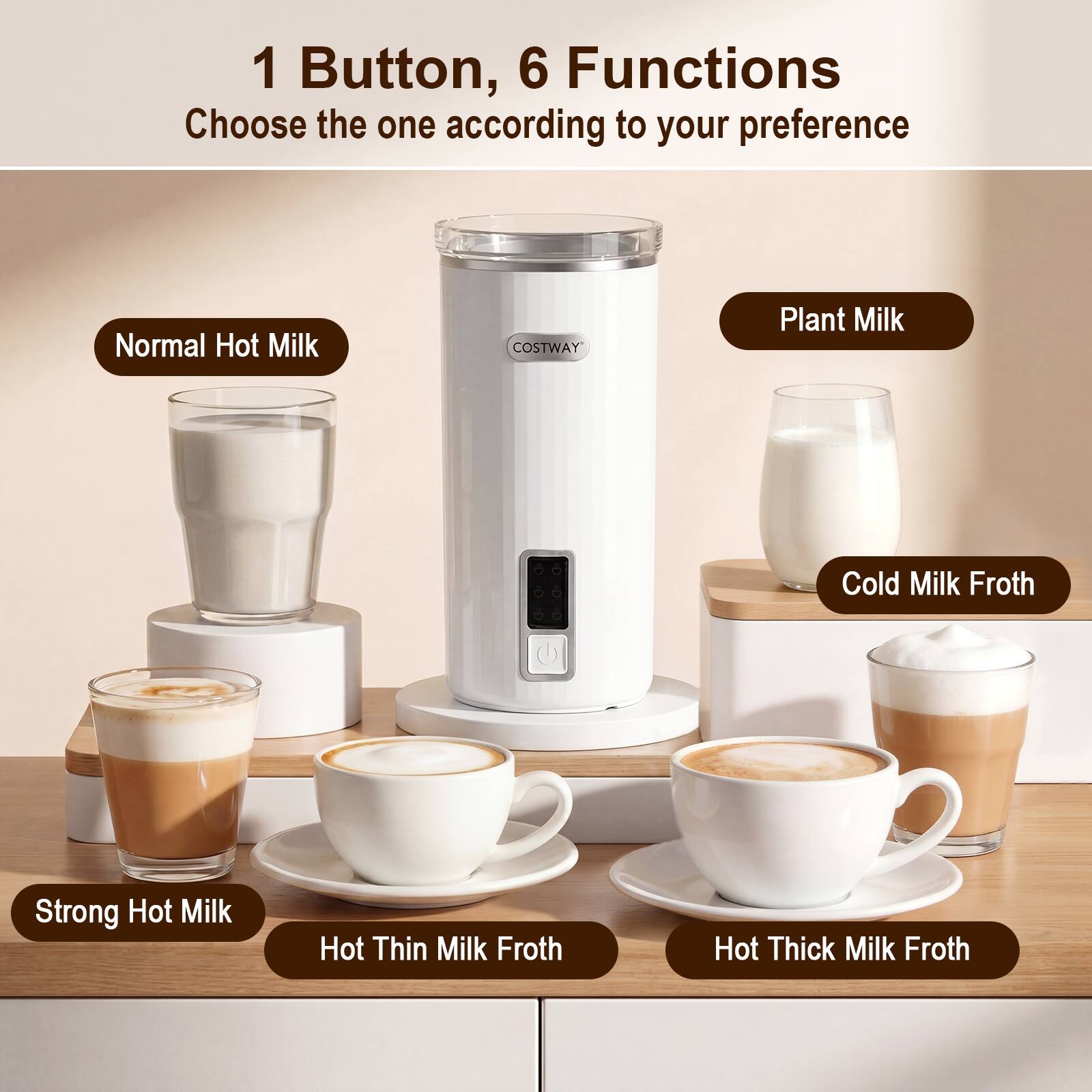 1 Button, 6 Functions  
Choose the one according to your preference  
Normal Hot Milk  
Plant Milk  
Cold Milk Froth  
Strong Hot Milk  
Hot Thin Milk Froth  
Hot Thick Milk Froth