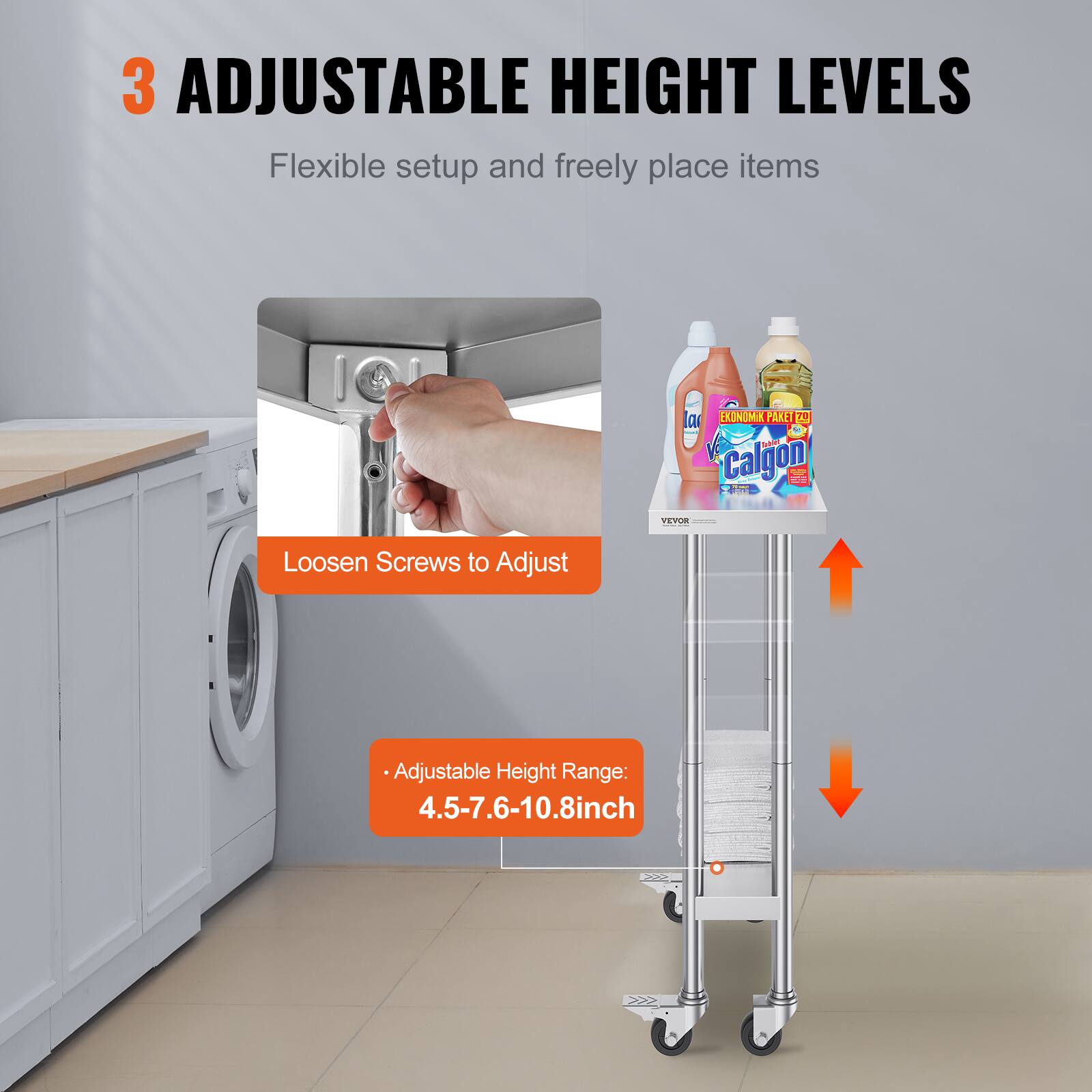 3 ADJUSTABLE HEIGHT LEVELS Flexible setup and freely place items - Loosen Screws to Adjust - Adjustable Height Range: 4.5-7.6-10.8inch - EXONOMA PAKETTES 20 Calgon - VERUR