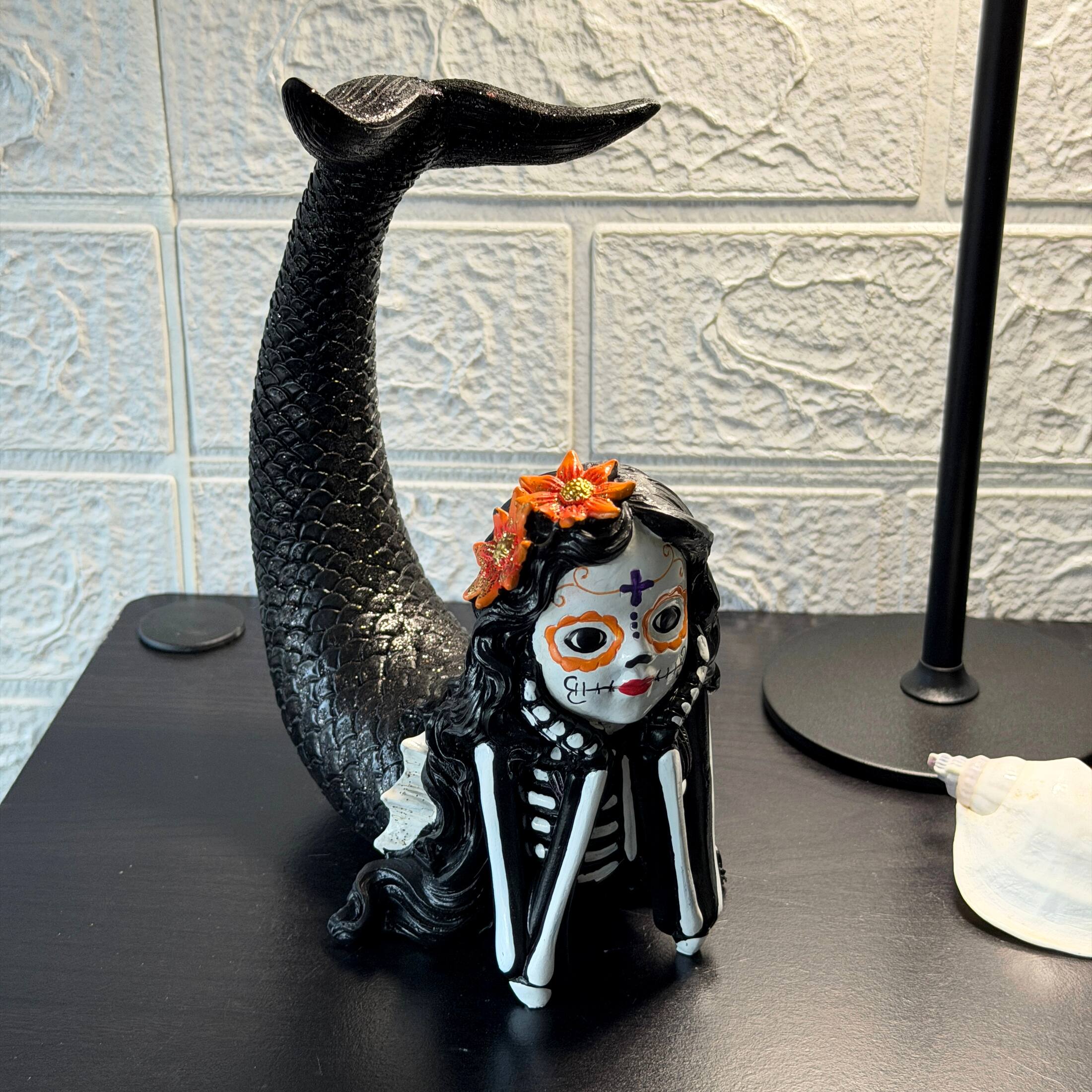 Alt View 3. Things2Die4 - Day of the Dead Mermaid Figurine Resin Skeleton Decor 7.75 Inch Tabletop - Multicolor.