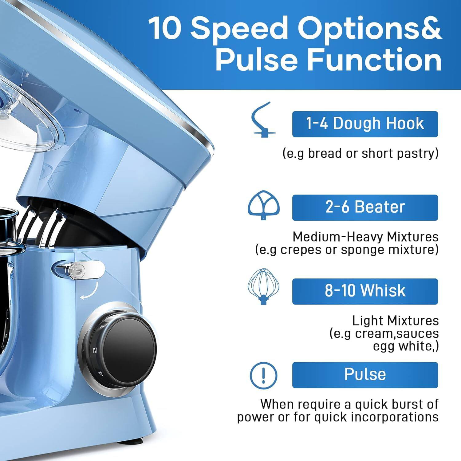 10 Speed Options & Pulse Function

1-4 Dough Hook (e.g. bread or short pastry)

2-6 Beater (Medium-Heavy Mixtures, e.g. crepes or sponge mixture)

8-10 Whisk (Light Mixtures, e.g. cream, sauces, egg white)

Pulse (When require a quick burst of power or for quick incorporations)