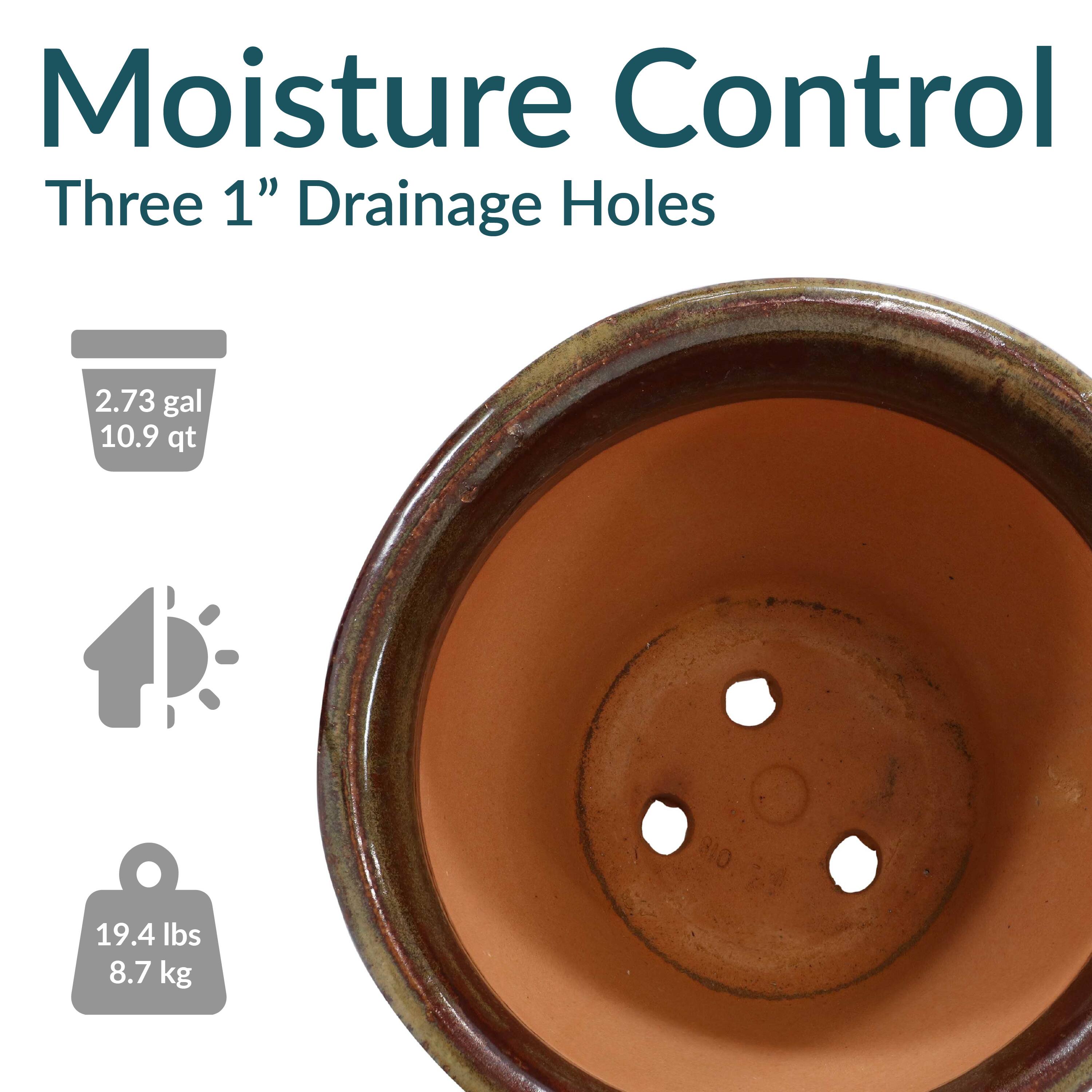 Moisture Control  
Three 1" Drainage Holes  

2.73 gal  
10.9 qt  

19.4 lbs  
8.7 kg