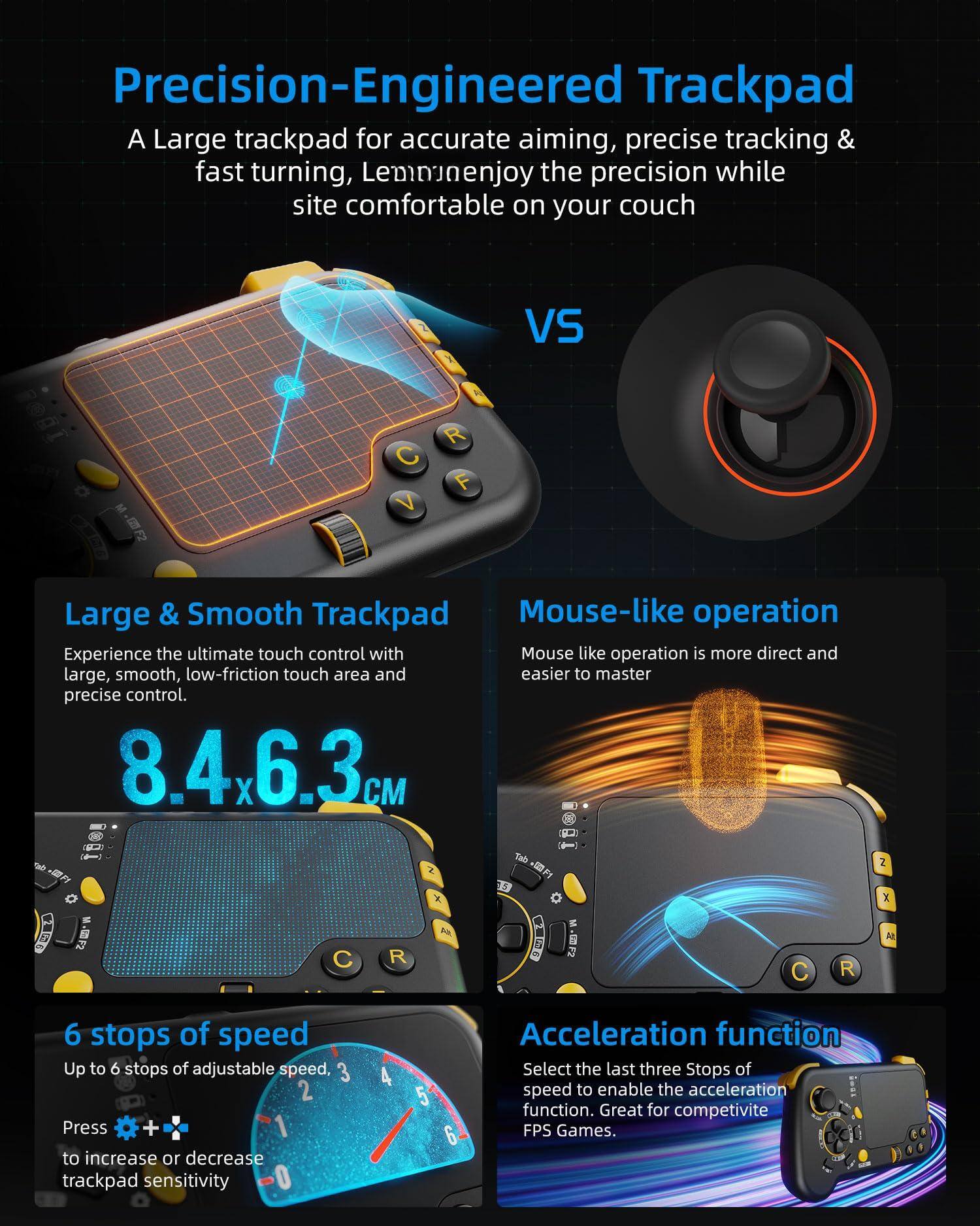 Precision-Engineered Trackpad  
A Large trackpad for accurate aiming, precise tracking & fast turning, enjoy the precision while site comfortable on your couch  

VS  

Large & Smooth Trackpad  
Experience the ultimate touch control with large, smooth, low-friction touch area and precise control.  
8.4 x 6.3 CM  

Mouse-like operation  
Mouse like operation is more direct and easier to master  

6 stops of speed  
Up to 6 stops of adjustable speed, Press + or - to increase or decrease trackpad sensitivity  

Acceleration function  
Select the last three Stops of speed to enable the acceleration function. Great for competitive FPS Games.