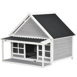 Pawhut - Dog House with Porch, Dog House Outdoor with Tilt Roof, Front Door - Light Gray