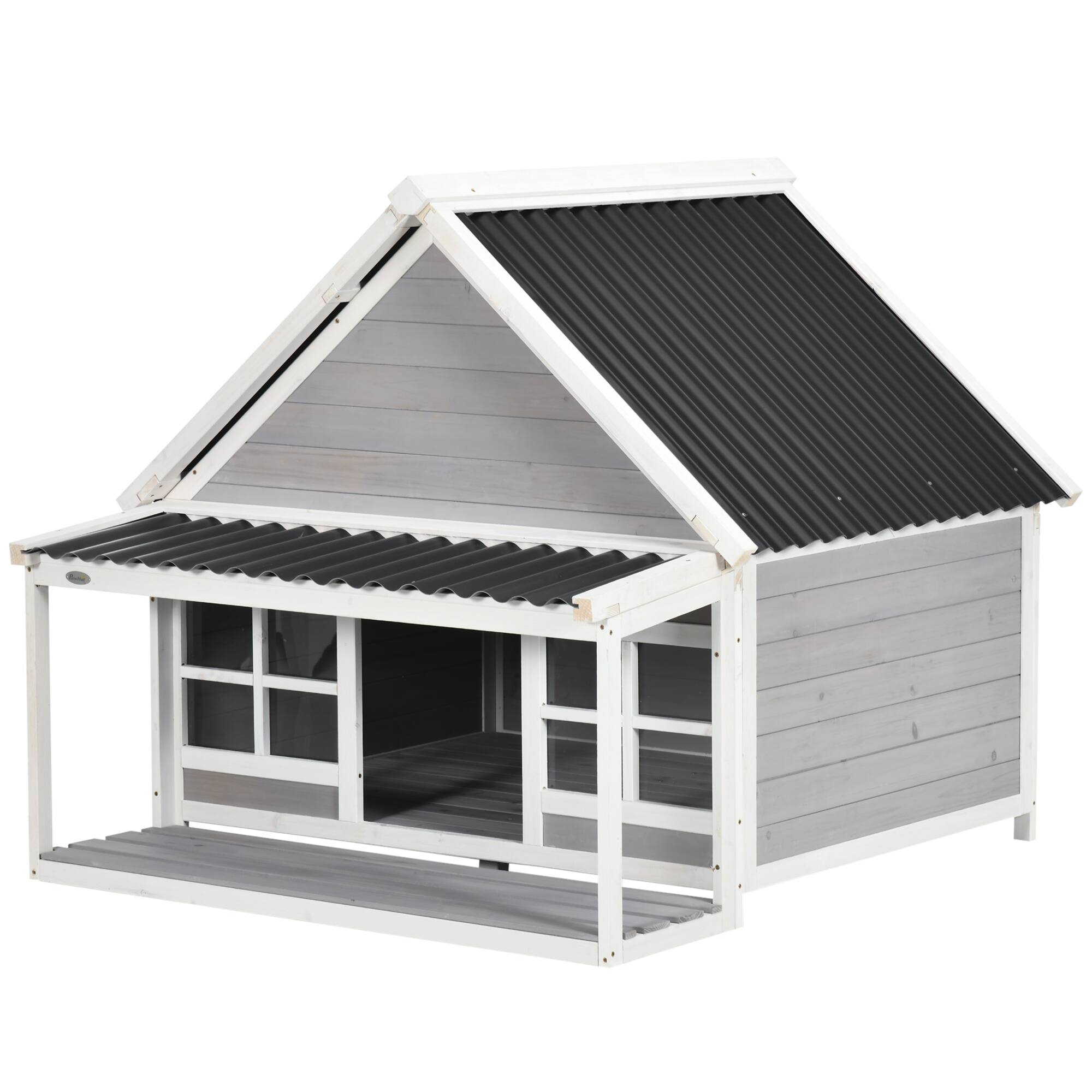 Front. Pawhut - Dog House with Porch, Dog House Outdoor with Tilt Roof, Front Door - Light Gray.