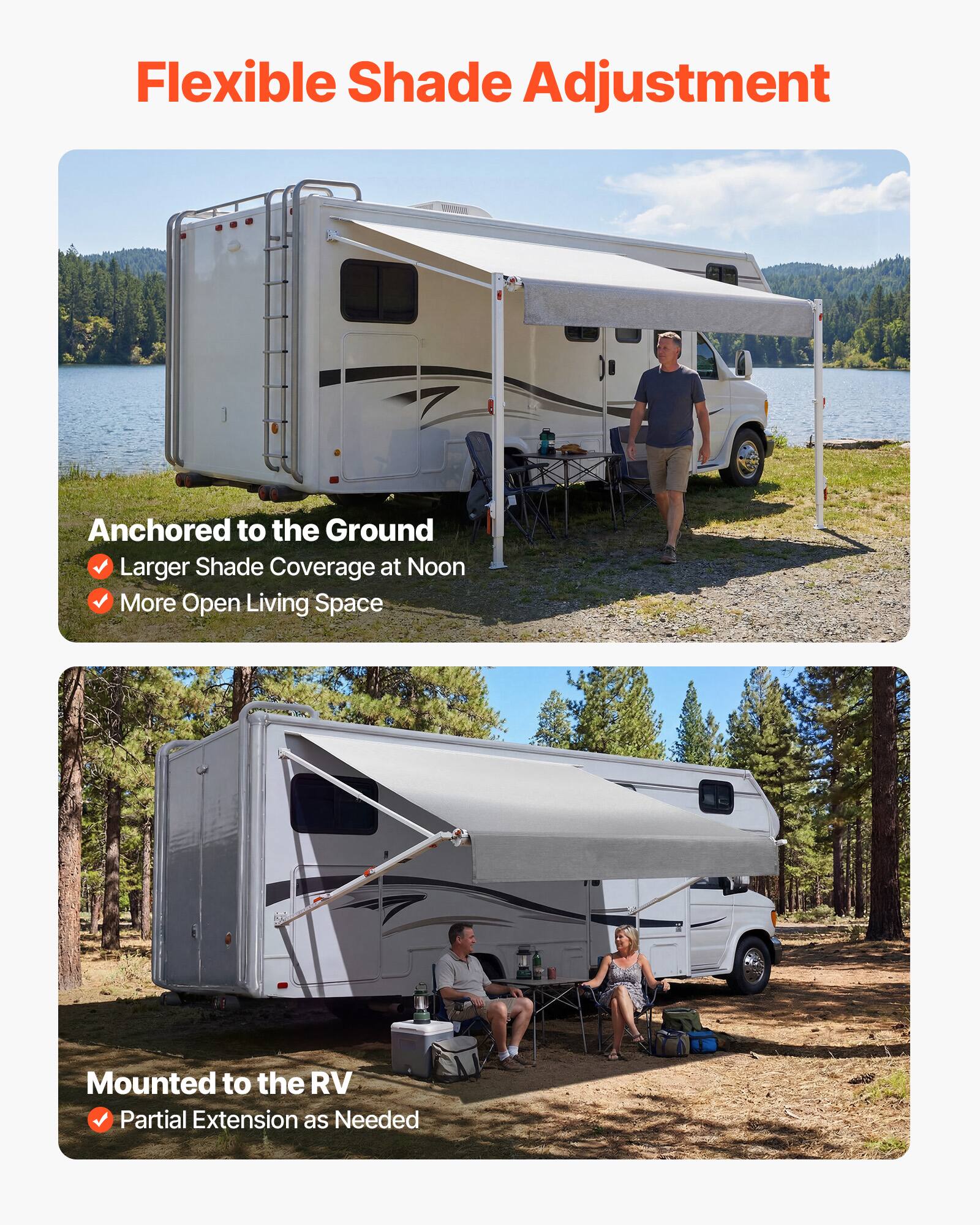 Flexible Shade Adjustment

- Anchored to the Ground
  - Larger Shade Coverage at Noon
  - More Open Living Space

- Mounted to the RV
  - Partial Extension as Needed