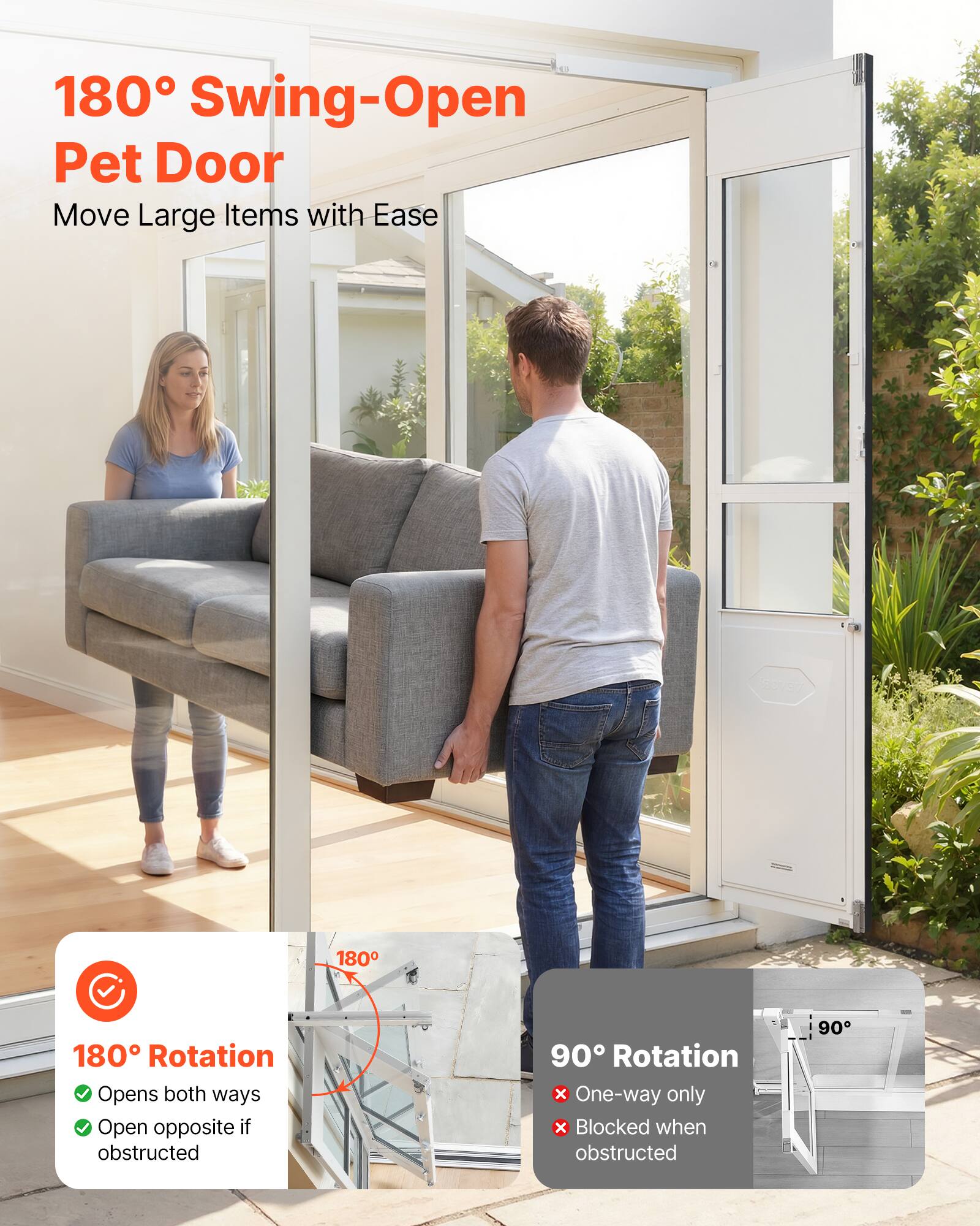180° Swing-Open Pet Door  
Move Large Items with Ease

180° Rotation  
- Opens both ways  
- Open opposite if obstructed

90° Rotation  
- One-way only  
- Blocked when obstructed