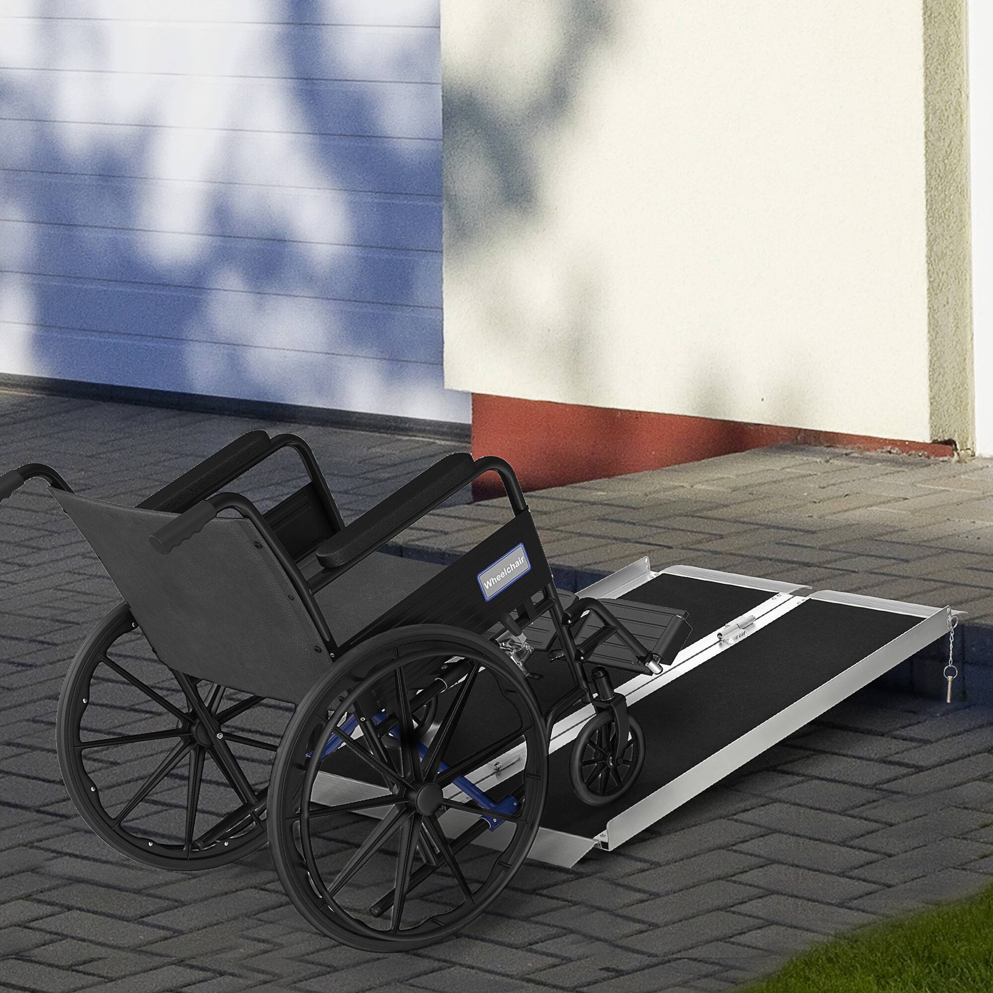 Angle. Homcom - Wheelchair Ramp 4FT, Folding Aluminum Threshold Ramp with Non-Slip Surface, Transition Plates Above and Below - Black.