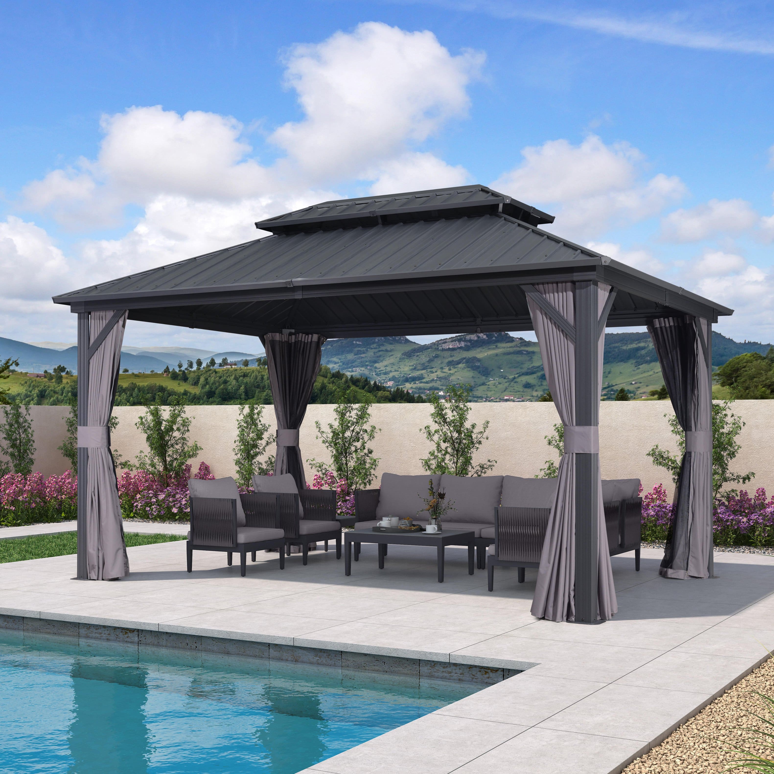 Front. PURPLE LEAF - 10' X 14' Outdoor Aluminum Hardtop Gazebo with Galvanized Steel Double Roof for Patio Deck with Netting and Curtains - 10' X 14'.