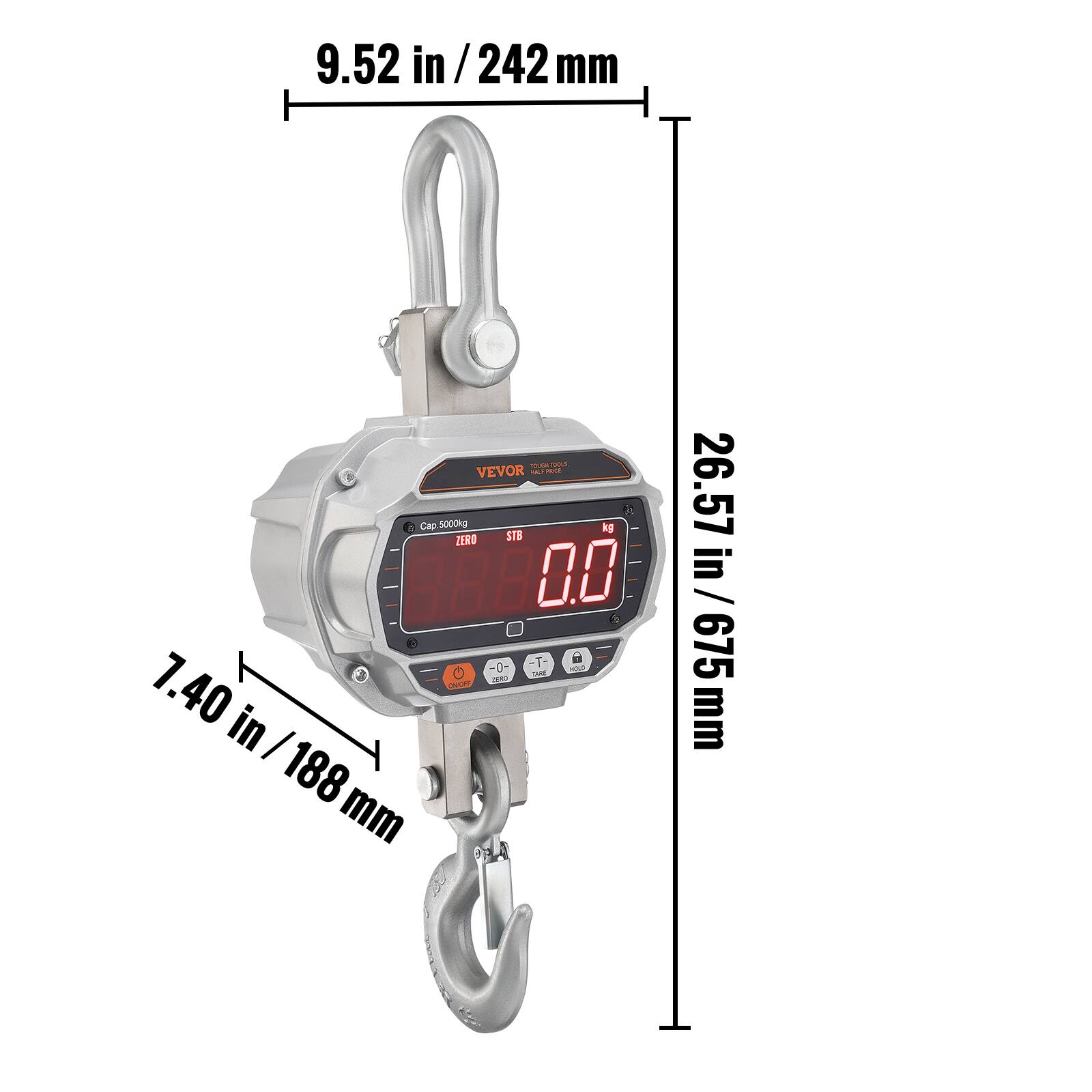 9.52 in / 242 mm  
VEVOR  
Cap 5000 kg  
ZERO  
STB  
0.0  
-0  
T  
O  
2 SARE  
7.40 in / 188 mm  
26.57 in / 675 mm