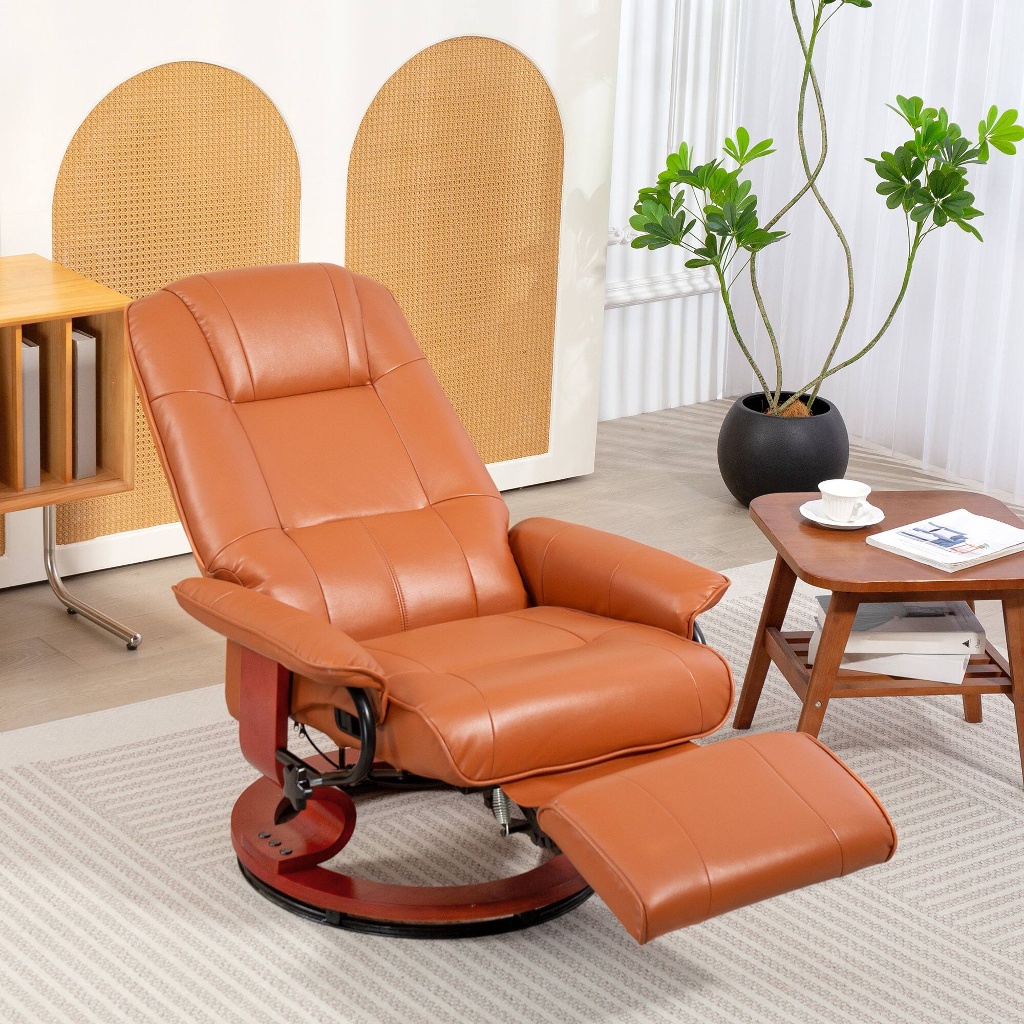 Alt View 1. Homcom - Leather Recliner Chair, Swivel Recliner with Footrest, Armrest and Wood Base for Living Room - Light Brown.
