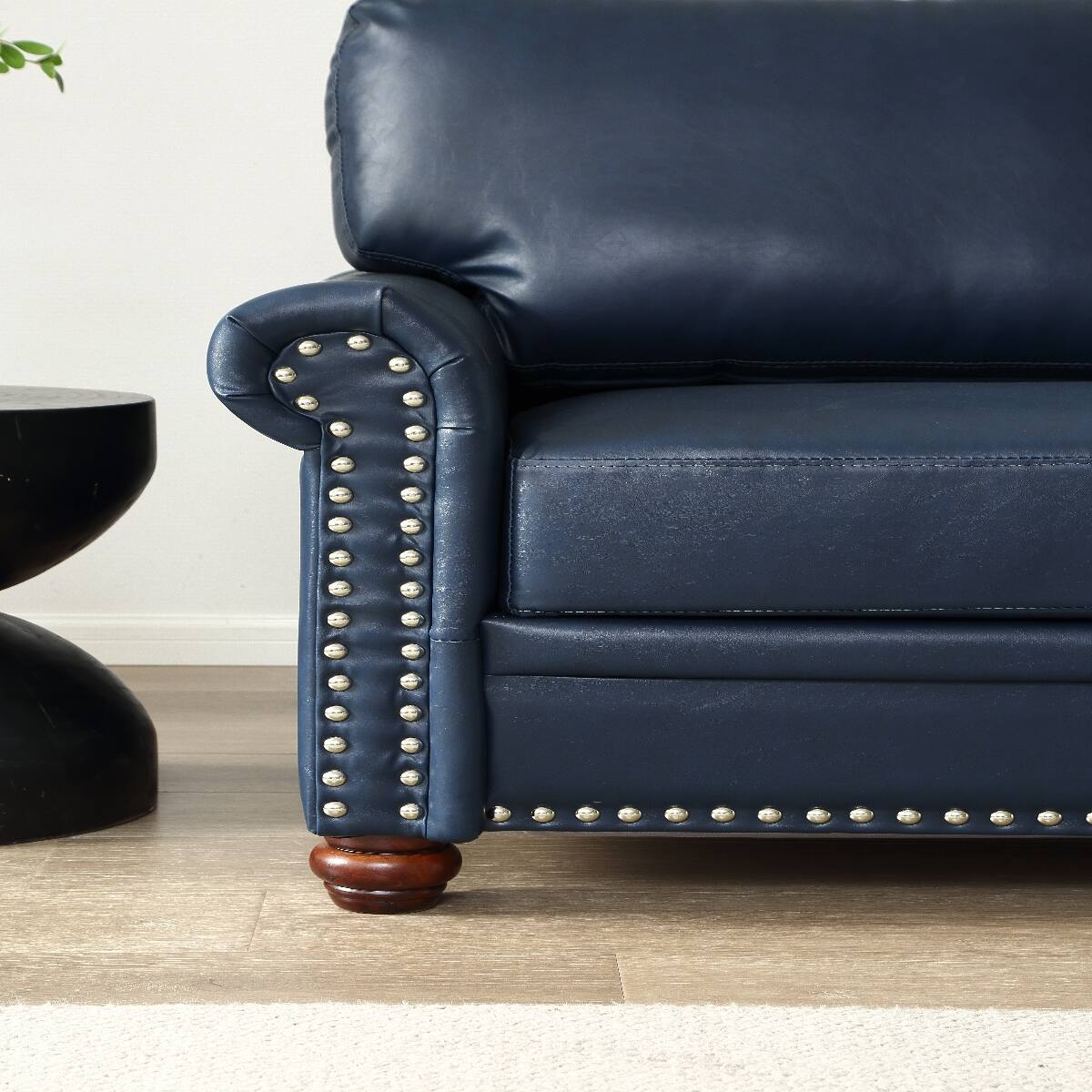 Alt View 2. Ropilly - Ropilly Navy Blue Faux Leather Sofa with Round Arms and Silver Nailhead Trim, 3 Seat Living Room Sofa - Navy Blue.