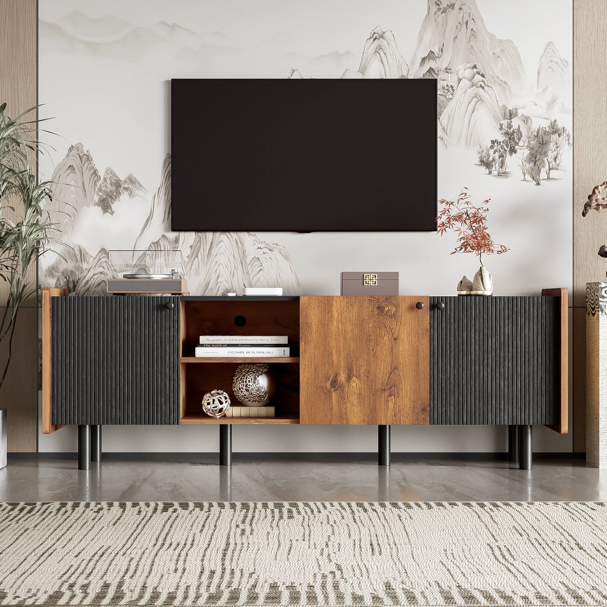 Angle. APRILSOUL - Mid Century TV Stand with 3 Cabinets Media Console Table for TVs up to 70in  Entertainment Center with Storage Black - Black+Brown.