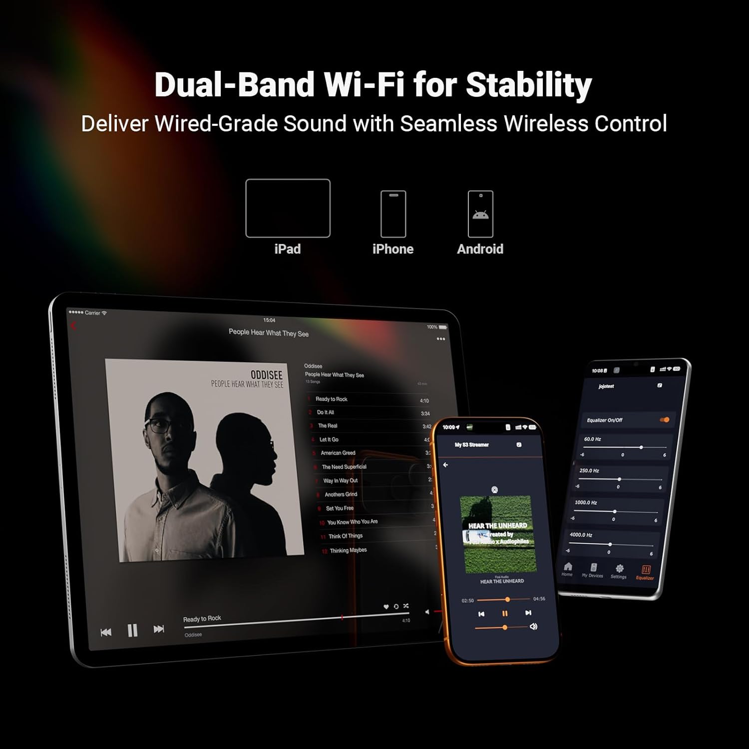 Dual-Band Wi-Fi for Stability  
Deliver Wired-Grade Sound with Seamless Wireless Control  

iPad iPhone Android  

People Hear What They See  

ODDISEE  
PEOPLE HEAR WHAT THEY SEE  

Ready to Rock  
Do It All  
Let It Go  
The Preed  
The Next Superficial  
An American Greed  
Way In Way Out  
Another Greed  
Set You Free  
You Know Who You Are  
Think Of Things  
Thinking Makes