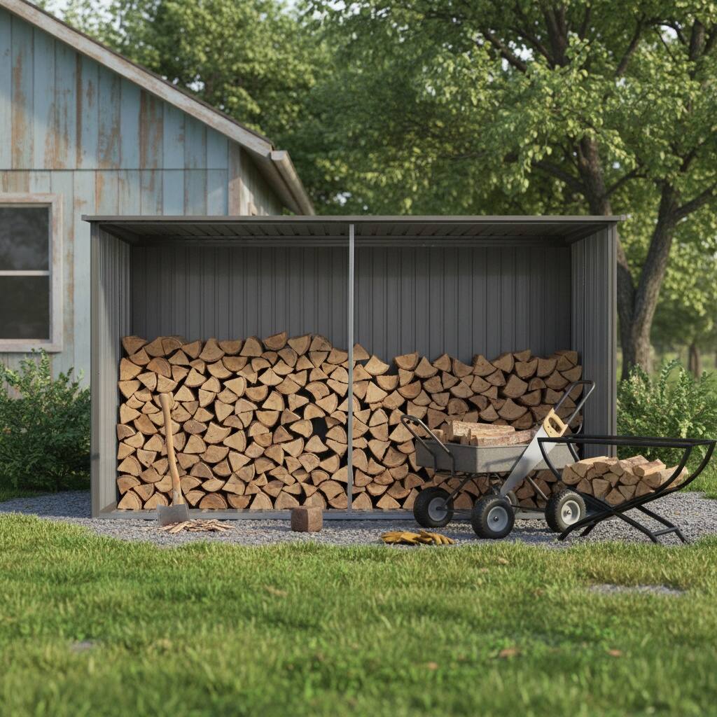Back. Mondawe - 13×11 ft Outdoor Storage Shed with Tool Space and Firewood Storage - Grey.