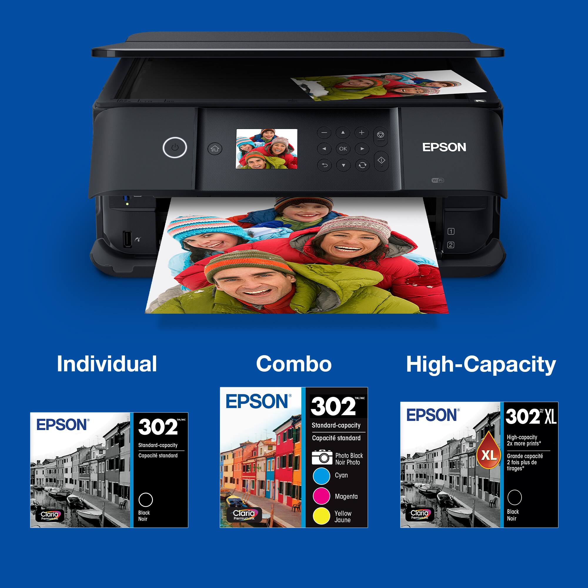 Sure, here is the corrected and grouped text:

---

**EPSON**

- **Individual**
  - EPSON 302 Standard-capacity
    - Claria Photo Black
    - Noir

- **Combo**
  - EPSON 302 Standard-capacity
    - Claria Photo Black
    - Cyan
    - Magenta
    - Yellow

- **High-Capacity**
  - EPSON 302XL High-capacity
    - 2x more prints*
    - 2 fois plus de pages*
    - Claria Photo Black
    - Cyan
    - Magenta
    - Yellow

*Grande capacité
*Grande capacité

---

This text is organized according to the categories shown in the image.