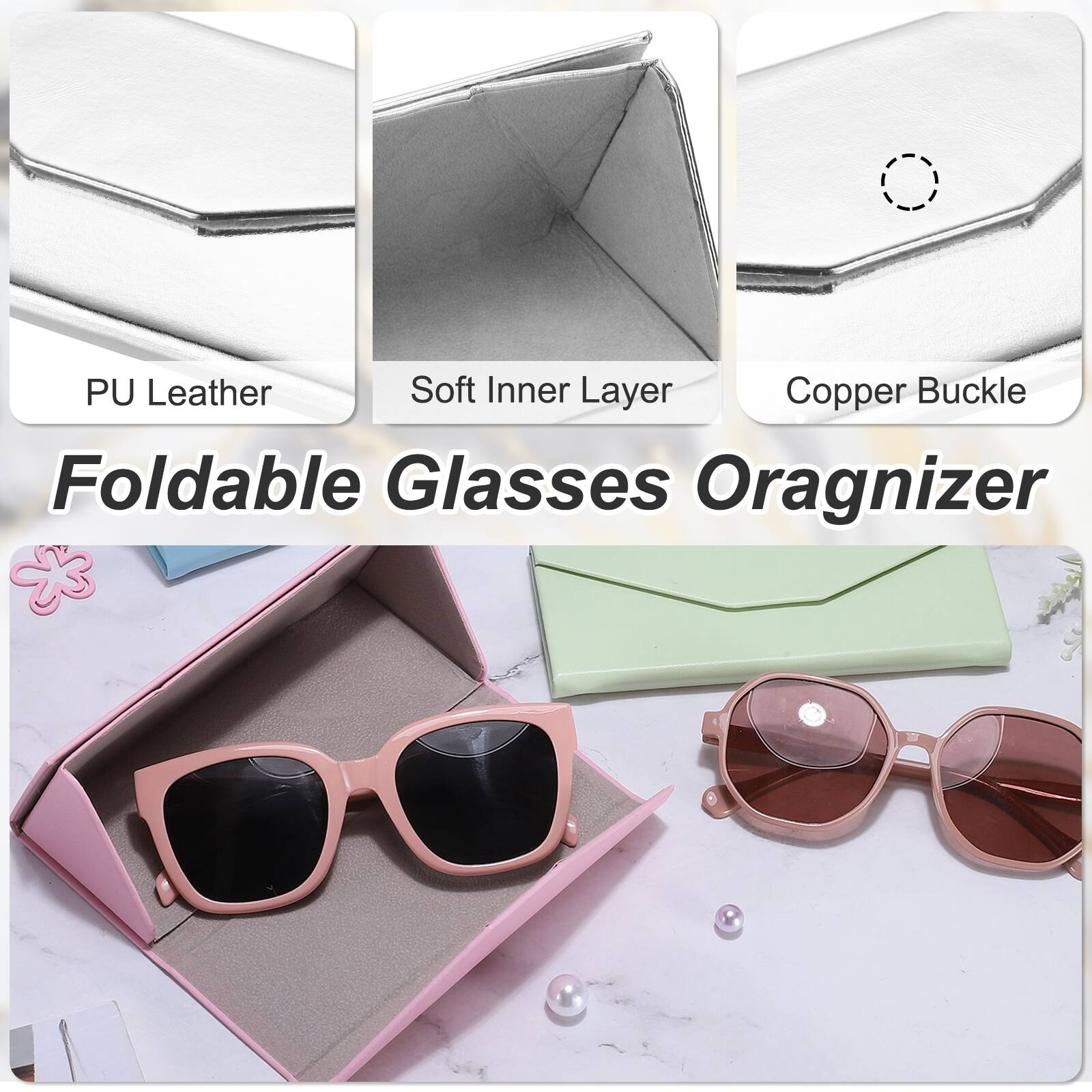 PU Leather Soft Inner Layer Copper Buckle Foldable Glasses Organizer