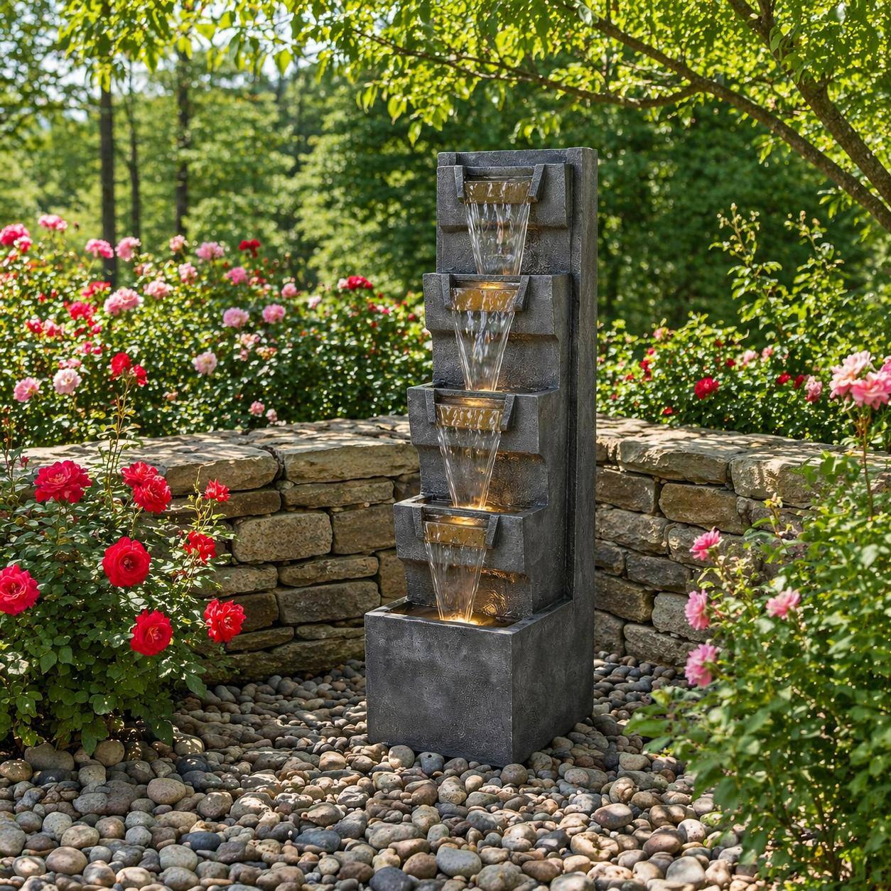 Left. RYHNUYNE - 39.4" Tall 4-Tier Outdoor Cascading Water Fountain with Warm LED Lights – Stone-Look Resin Water Feature with Quiet Pump.