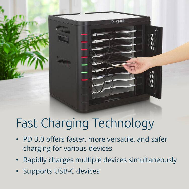 Kensington 6 Fast Charging Technology PD 3.0 offers faster, more versatile, and safer charging for various devices. Rapidly charges multiple devices simultaneously. Supports USB-C devices.