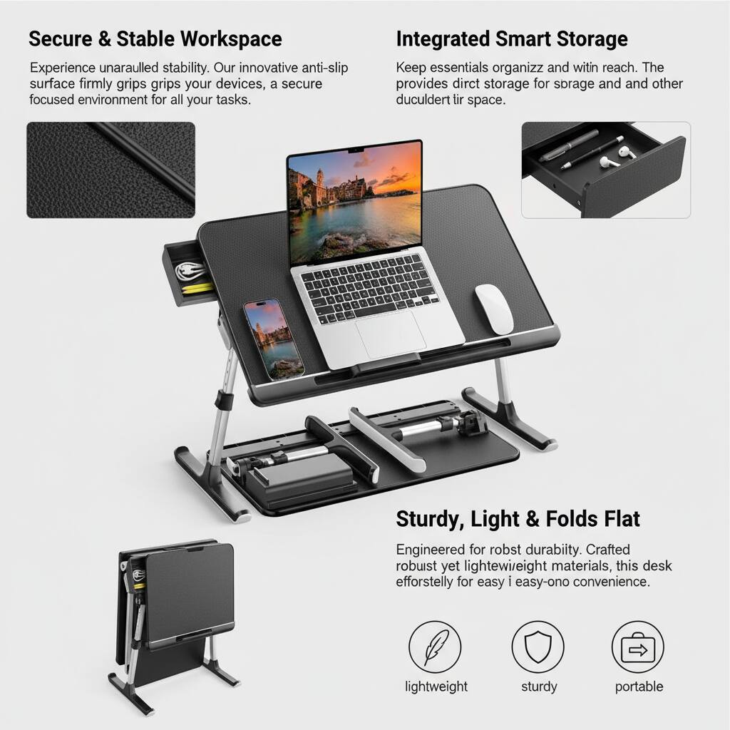 Secure & Stable Workspace  
Experience unparalleled stability. Our innovative anti-slip surface firmly grips your devices, a secure focused environment for all your tasks.

Integrated Smart Storage  
Keep essentials organized and within reach. The desk provides direct storage for storage and other essential items.

Sturdy, Light & Folds Flat  
Engineered for robust durability. Crafted from robust yet lightweight materials, this desk effortlessly folds for easy on-the-go convenience.
