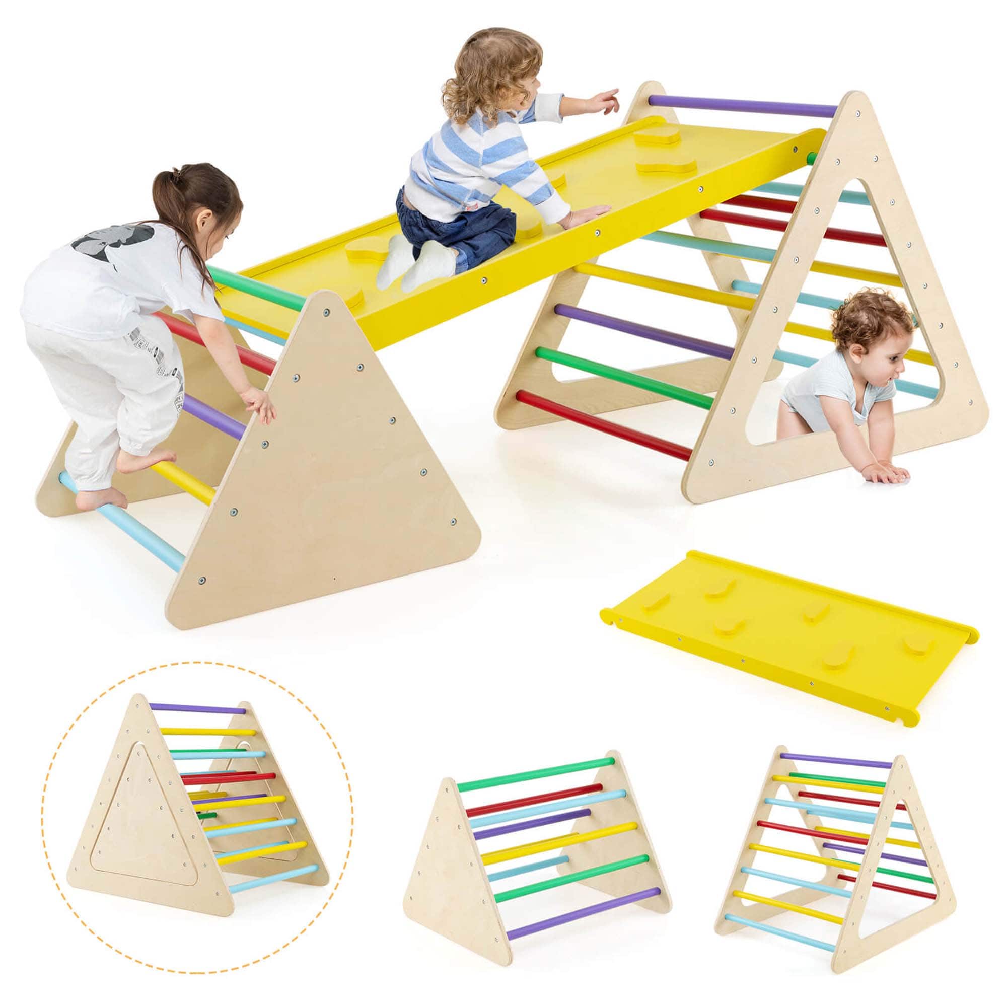 Costway - 5 in 1 Montessori Triangle Set 3PCS Wooden Toddler Climbing Playset with Nesting Large - Multicolor