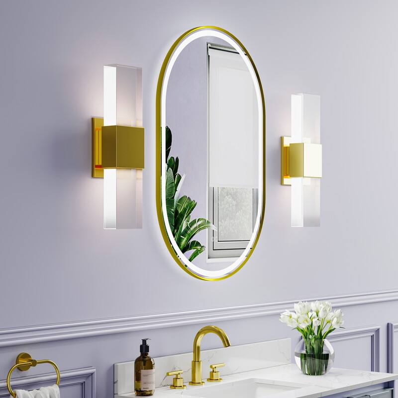 Angle. WELLFOR - 24 in x 36 in Oval Framed LED Bathroom Vanity Mirror with Anti-Fog, Wall-Mounted Mirror with Front and Backlit LED - Brushed Gold.