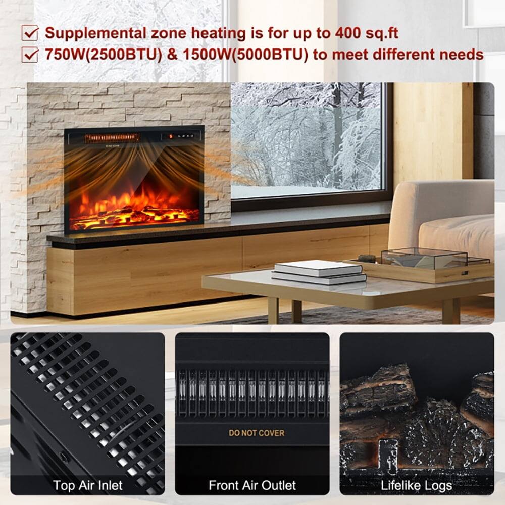 Supplemental zone heating is for up to 400 sq.ft  
750W(2500BTU) & 1500W(5000BTU) to meet different needs  

DO NOT COVER  
Top Air Inlet  
Front Air Outlet  
Lifelike Logs