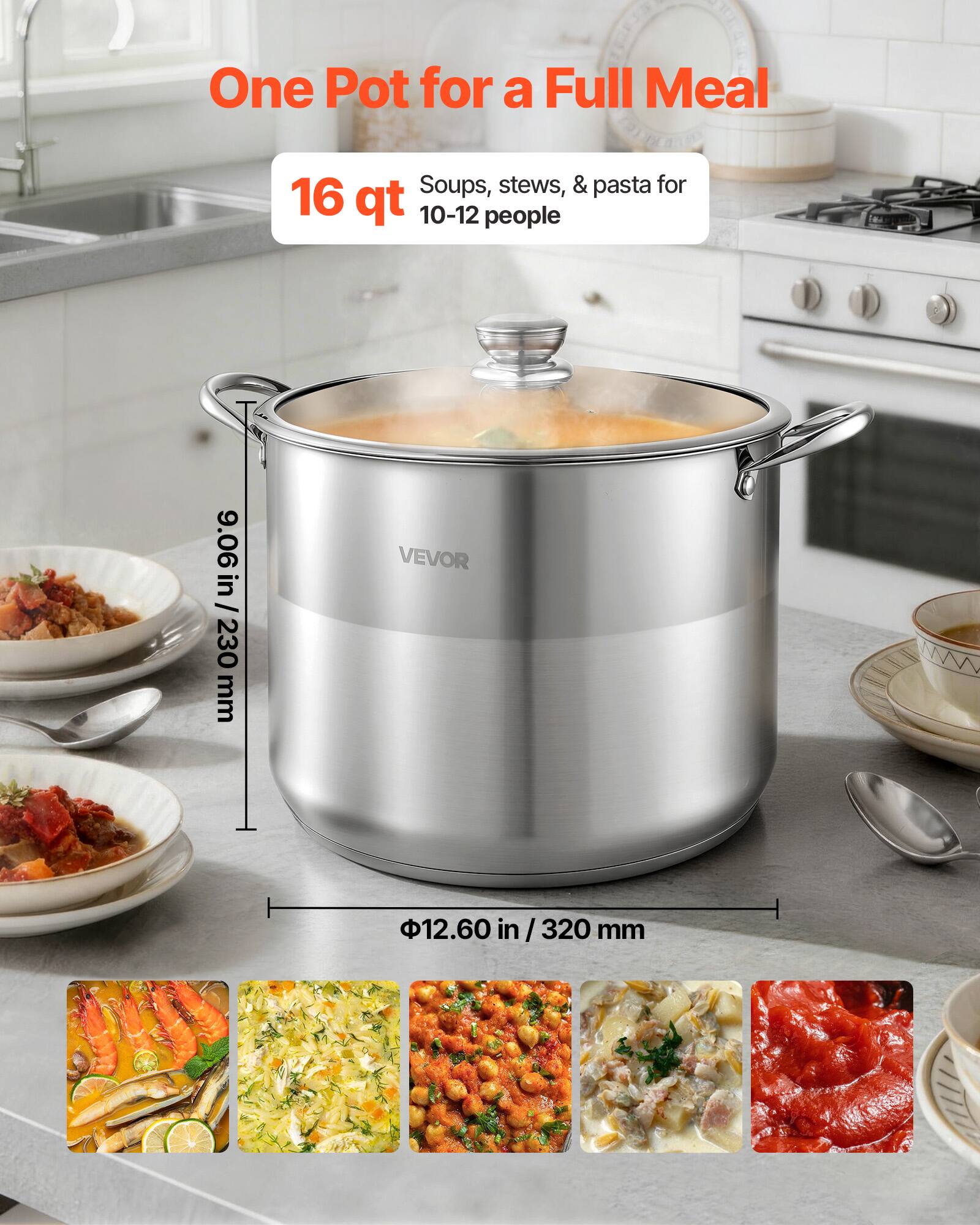One Pot for a Full Meal  
16 qt  
Soups, stews, & pasta for 10-12 people  

9.06 in / 230 mm  
12.60 in / 320 mm  

VEVOR
