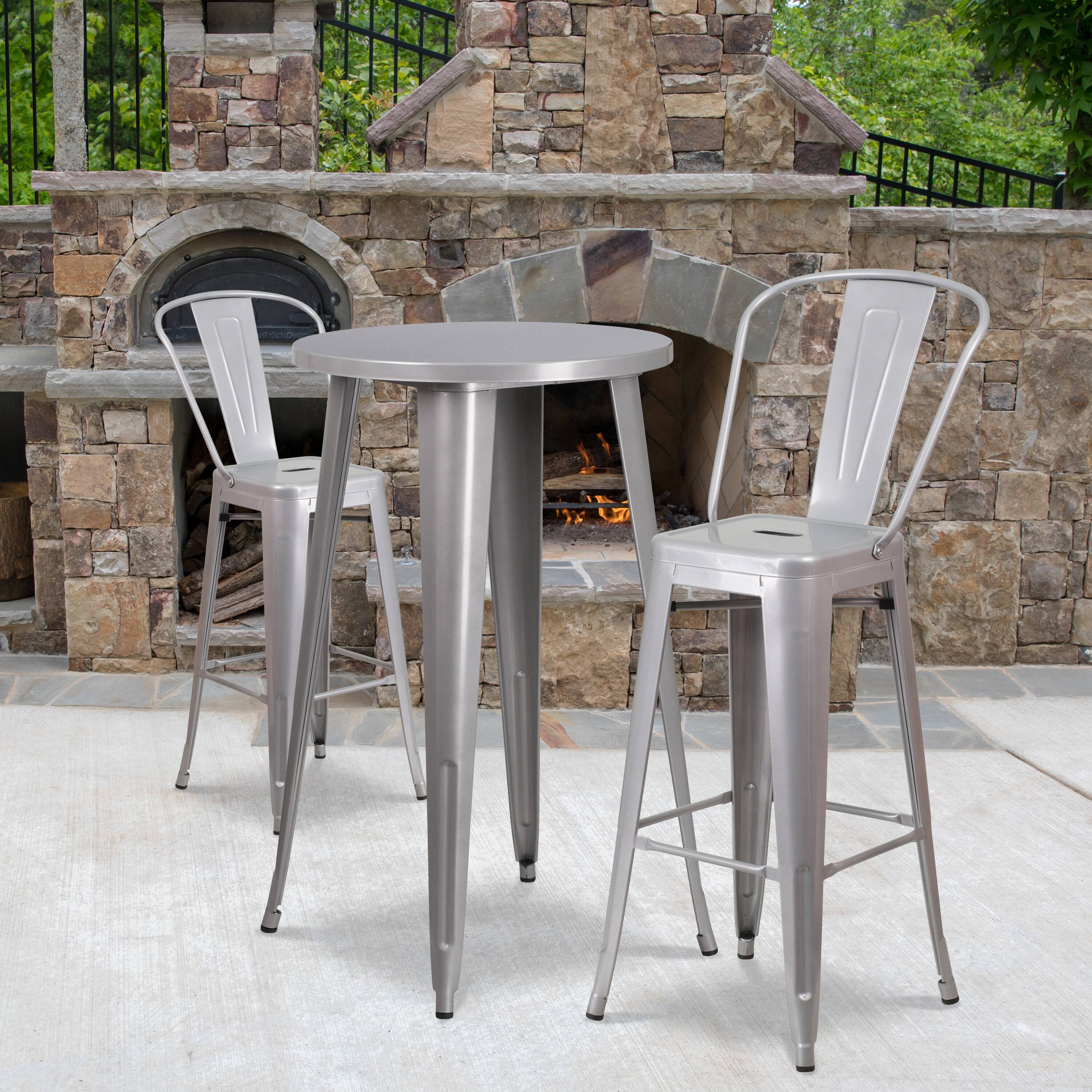 Alt View 1. Emma + Oliver - Commercial Grade 24" Round Metal Indoor-Outdoor Bar Table Set with 2 Cafe Stools - Silver.