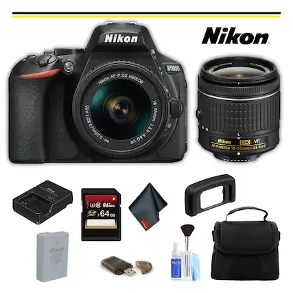Nikon D5600
Nikon AF-P DX NIKKOR 18-55mm 1:3.5-5.6G VR
- 18-55mm
- 0.82ft / 0.25m
- 1:3.5-5.6G
- VR
94MB/s
64GB SD Card
Nikon LITHIUM BATTERY
Accessories:
- Lens Hood
- Cleaning Kit
- Camera Bag
- USB Cable
- Memory Card Case