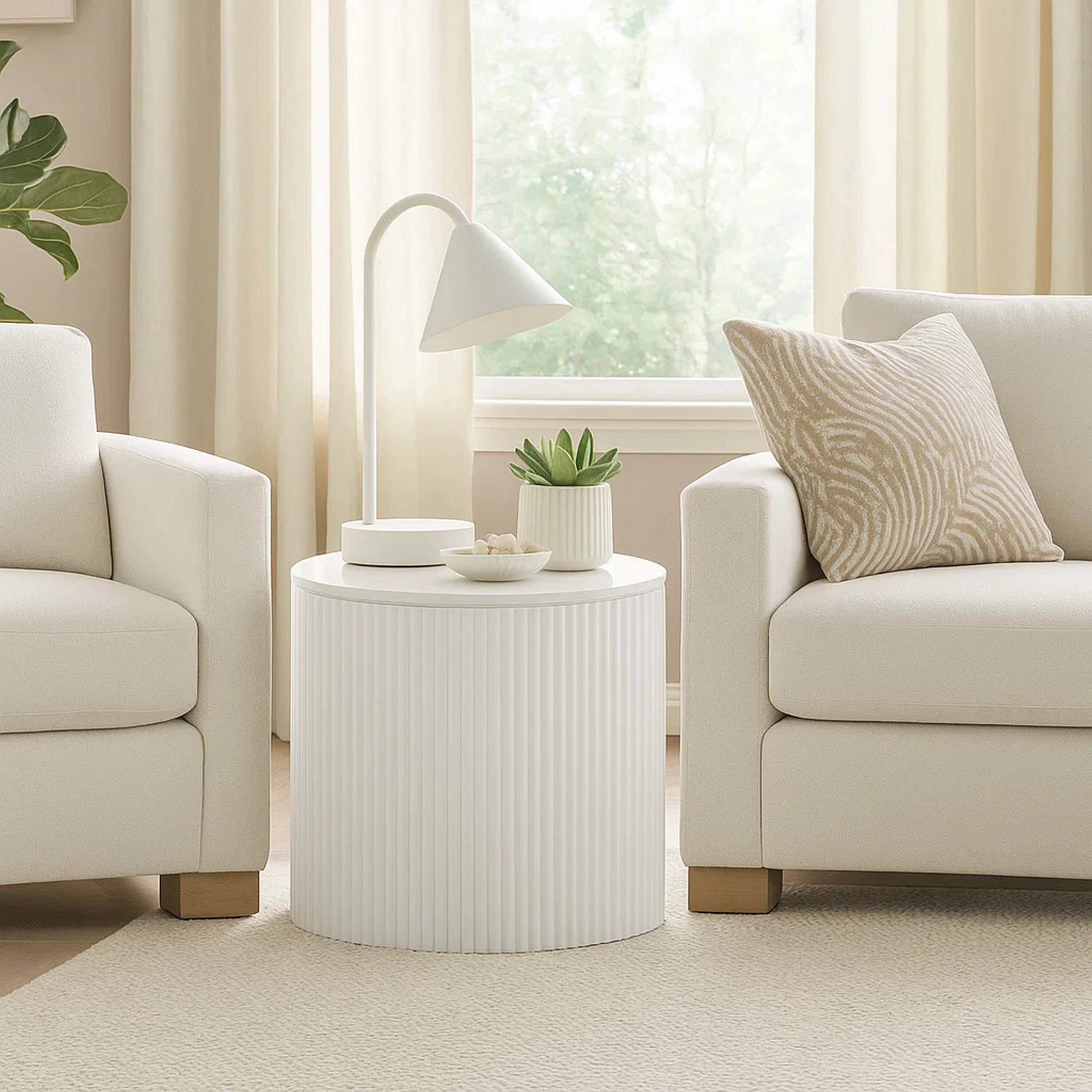 Alt View 6. Manhattan Lane - Del Modern Side End Table, 22 Inch Round Top, Glossy White Ribbed Base - Glossy White.