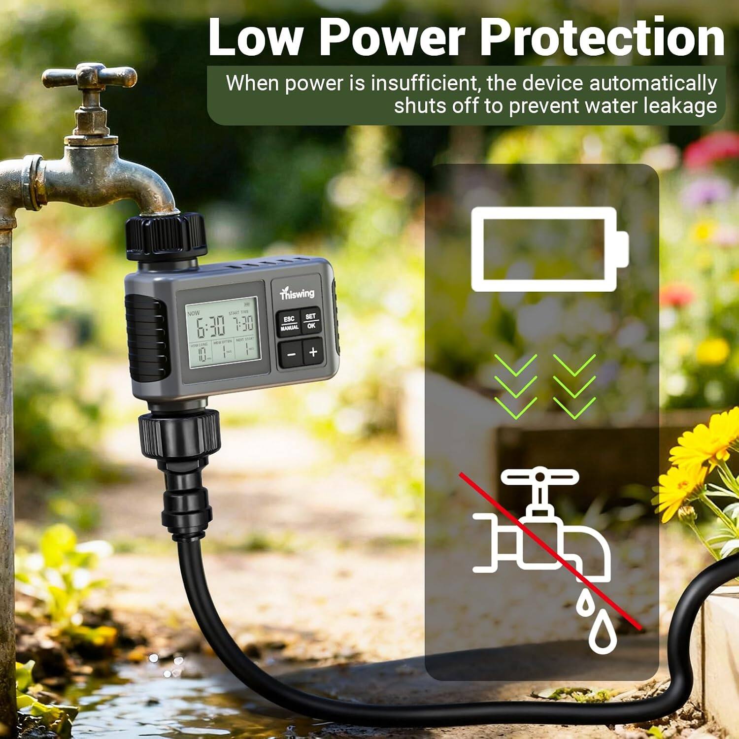 Low Power Protection  
When power is insufficient, the device automatically shuts off to prevent water leakage
