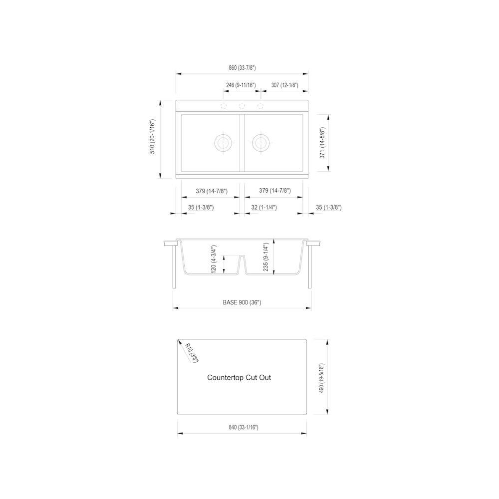 860 (33-7/8")  
246 (9-11/16")  
307 (12-18")  
510 (14-5/8")  
379 (14-7/8")  
379 (14-7/8")  
35 (1-3/8")  
32 (1-1/4")  
35 (1-3/8")  
120 (9-1/4")  
235  
BASE 900 (36")  
R10 (ec)  
Countertop Cut Out (19-5/16")  
490  
840 (33-1/16")  
307 (12-1/8")  
371 (14-5/8")  
371 (14-5/8")  
225 (8-1/2")  
1214 (48")  
BASE 900 (36")  
Countertop Cut Out (19-5/16")  
490  
840 (3