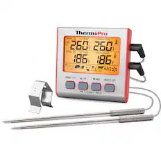 Therm Pro PROBE 1 SET TEMP THERMO TEMP BBQ H 260 iF 260 PROBE x SET TEMP THERMO TEMP 186 186 P1 DIUM R Il BBQ WELL PROBE 1/2 HR MIN MEAT/ST./SP (l) CLEAR HI/LO