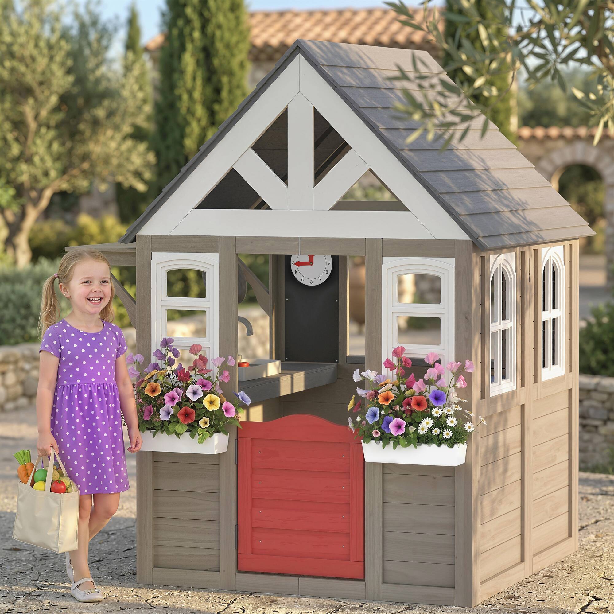 Alt View 1. Qaba - Playhouse, Wooden Kids Playhouse with Dog Door, Flower Box - Gray.